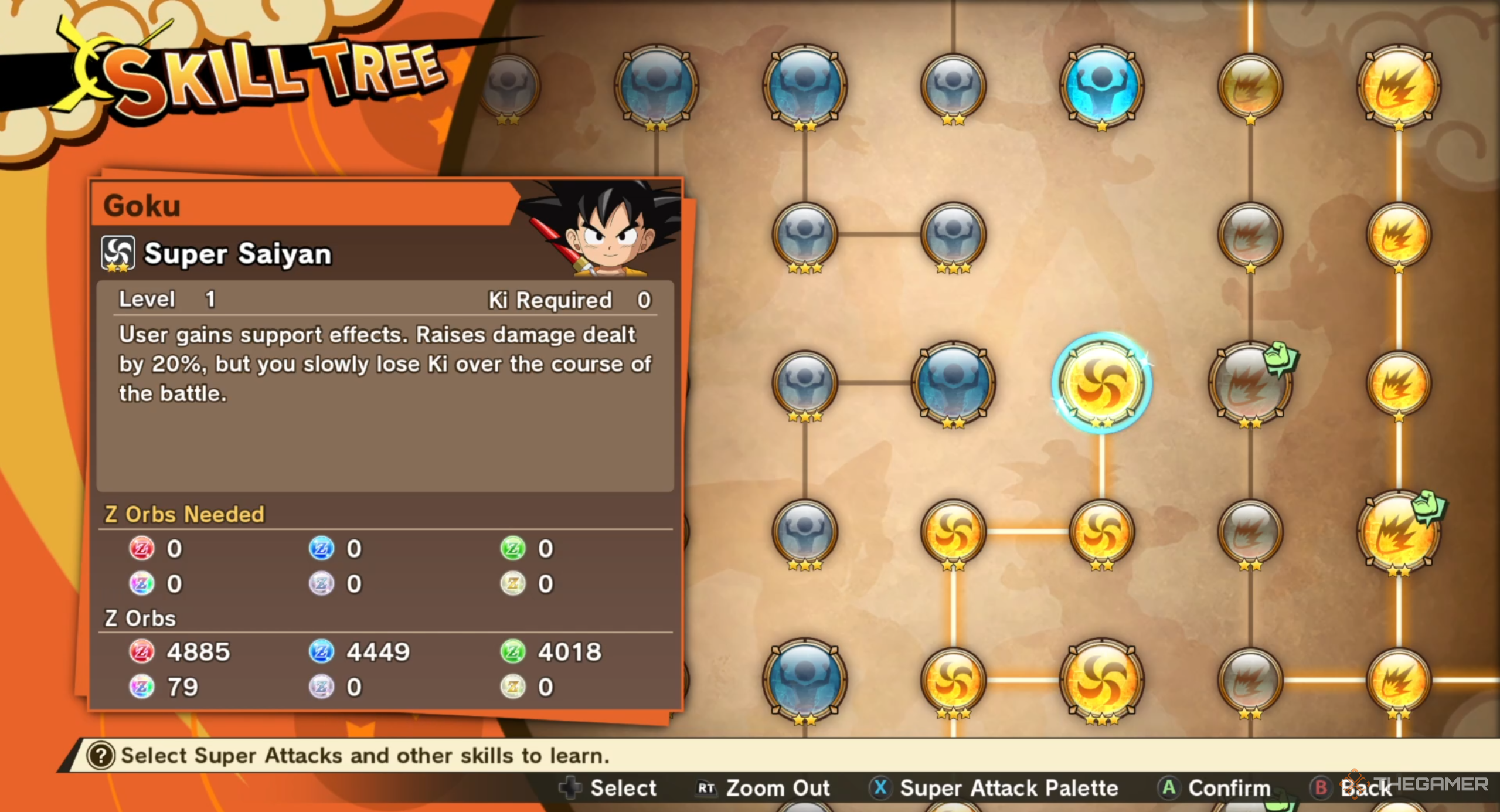 Super Saiyan Goku's skill tree in Dragon Ball Z: Kakarot's Daima DLC.