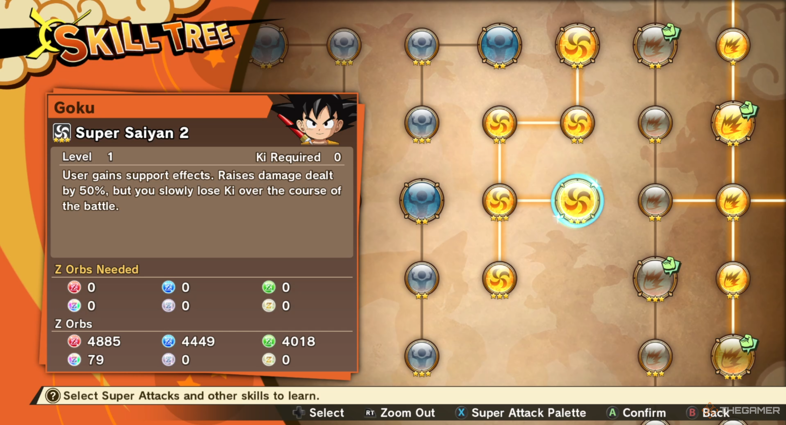 Super Saiyan 2 Goku's skill tree in Dragon Ball Z: Kakarot's Daima DLC.