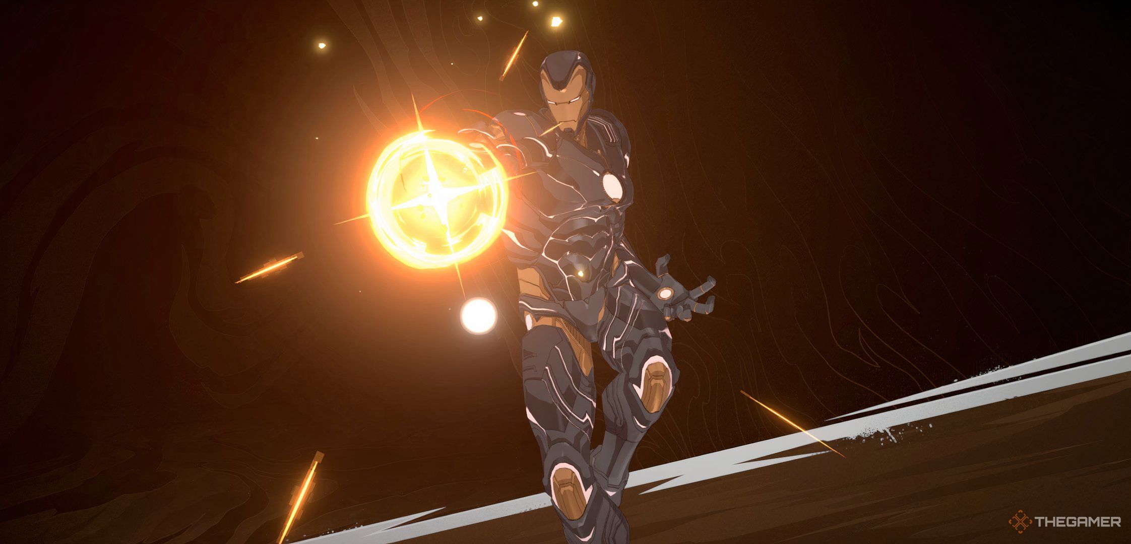 Iron Man about to fire his blaster in Marvel Mythic Mayhem.