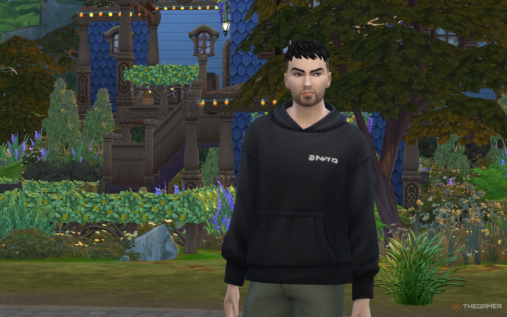 Joe Trader near a decorated house with lush greenery in The Sims 4 Enchanted by Nature.