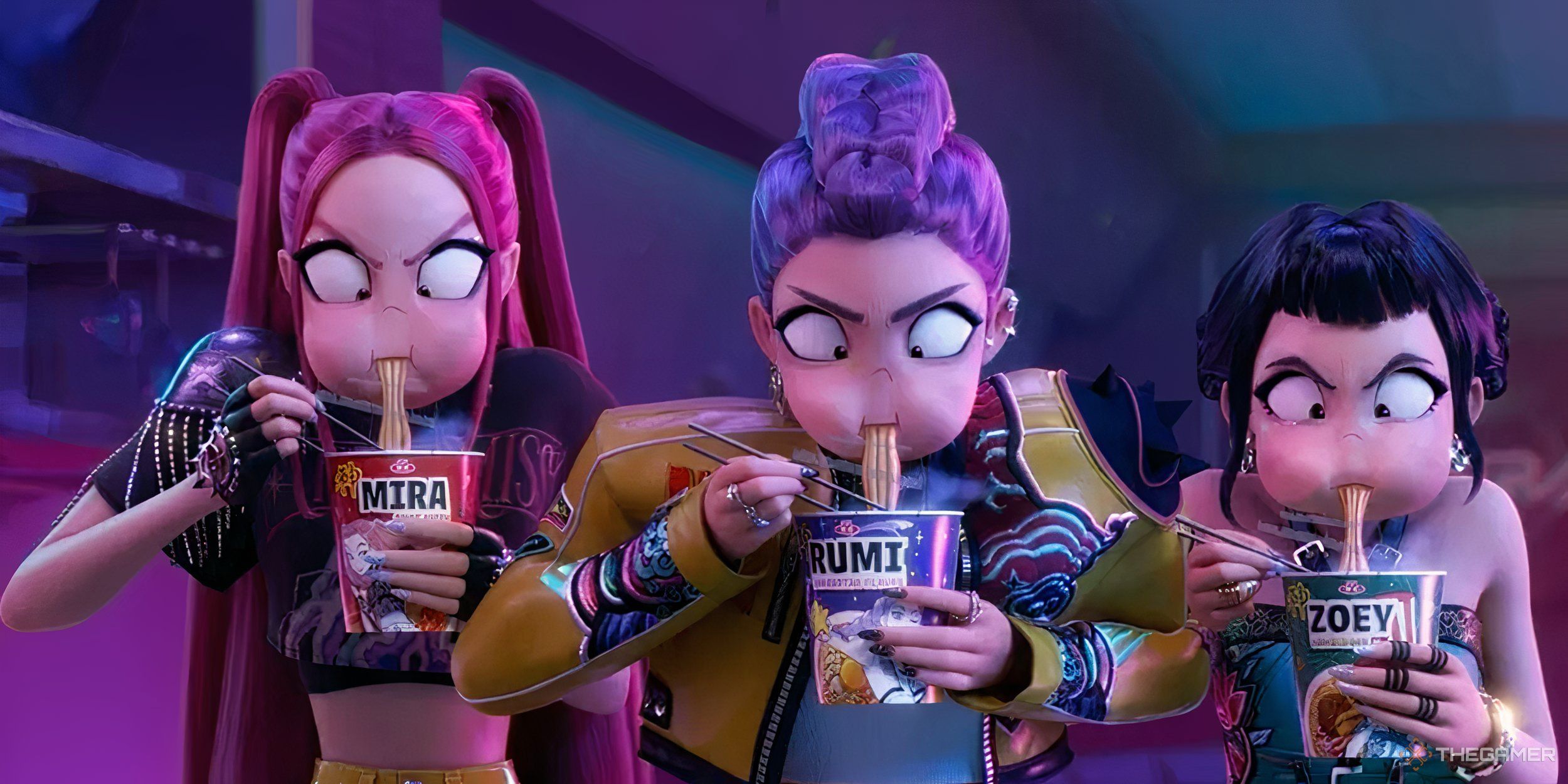 Zoey, Rumi, and Mira eating instant noodles.