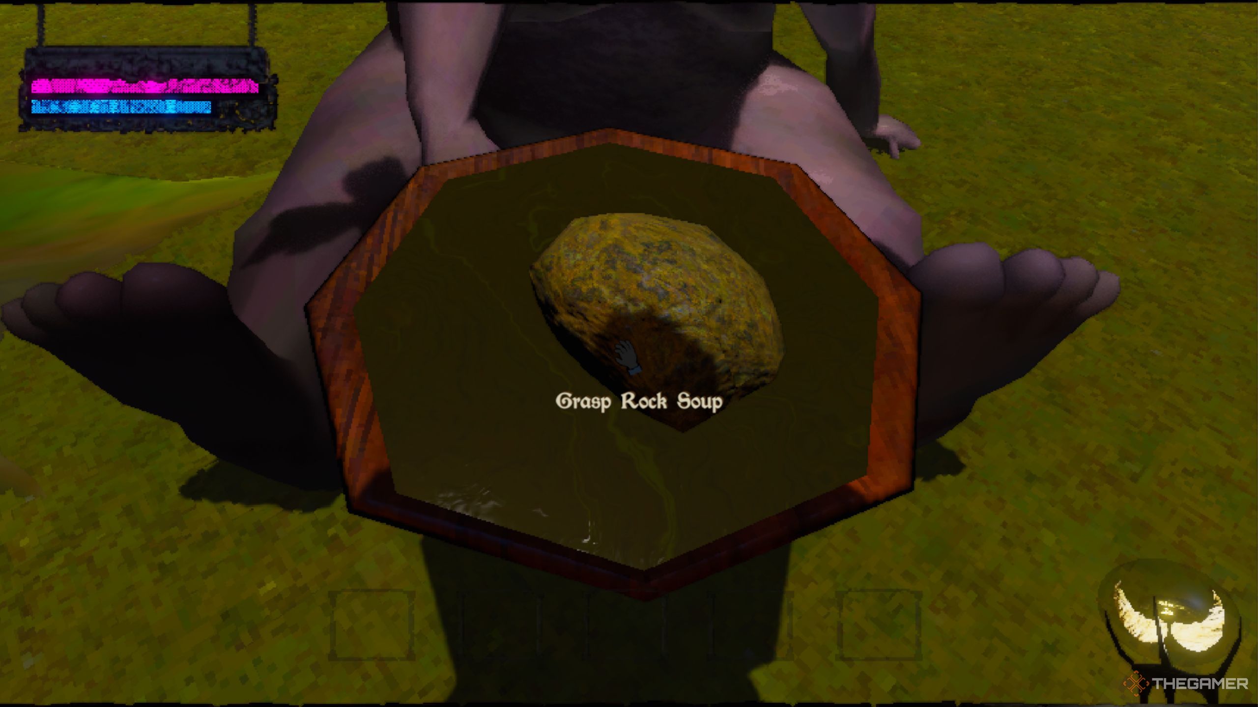 Mage Arena soup man giving rock soup.