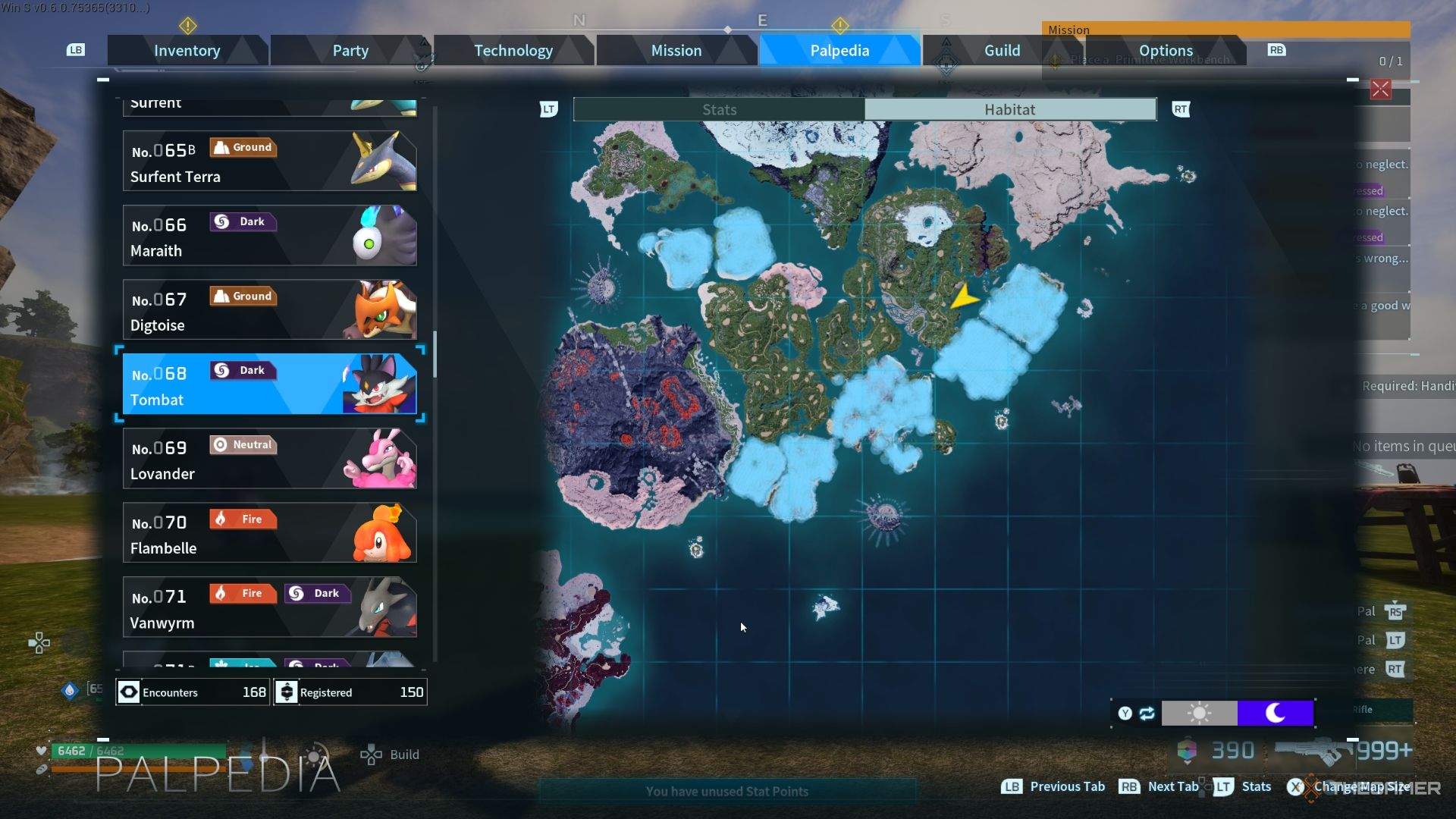 Map showing all the possible location with highlighted light blue area for Tombat - Palworld