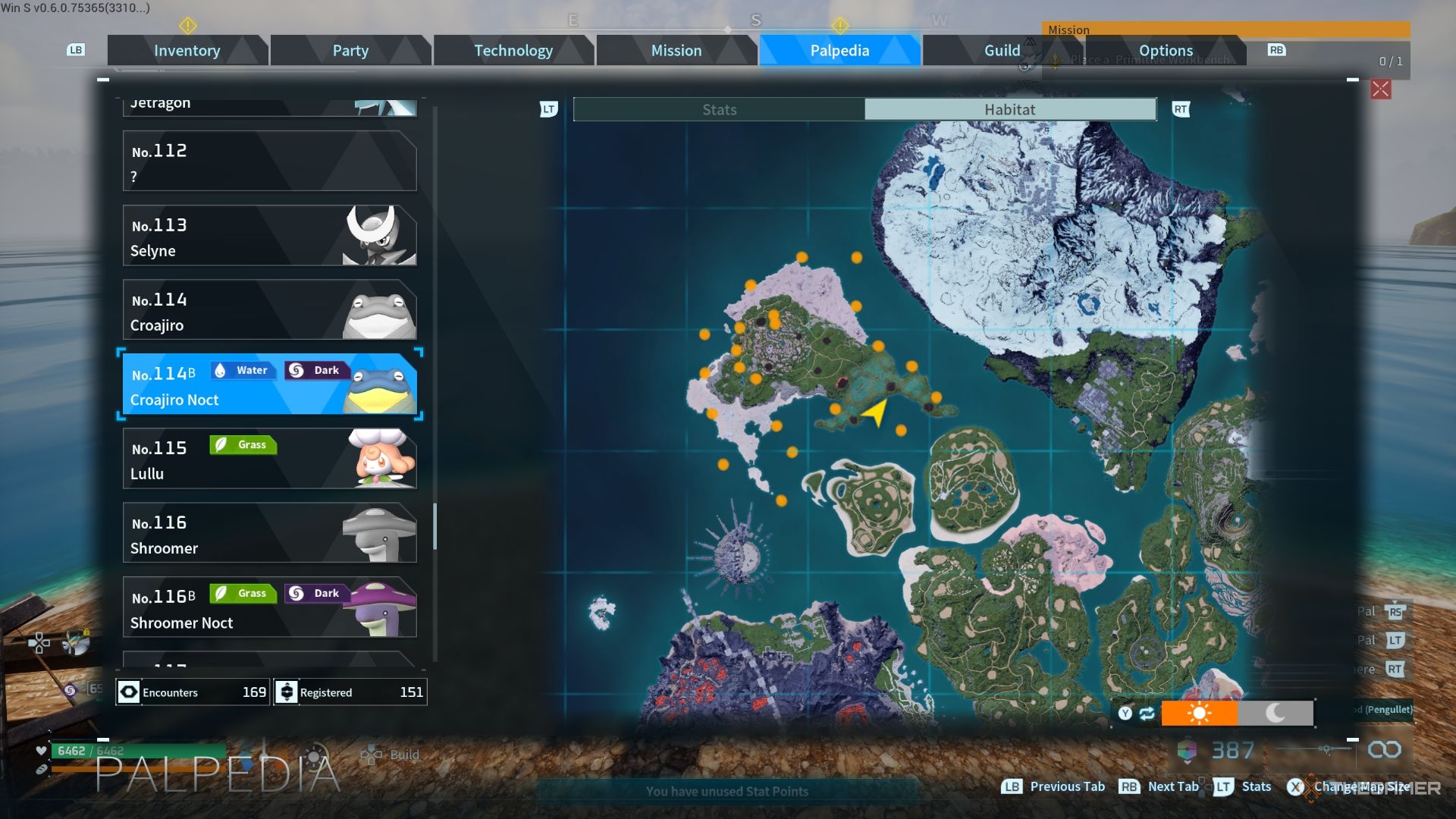Map showing all the possible location with highlighted orange area for Croajiro Noct - Palworld