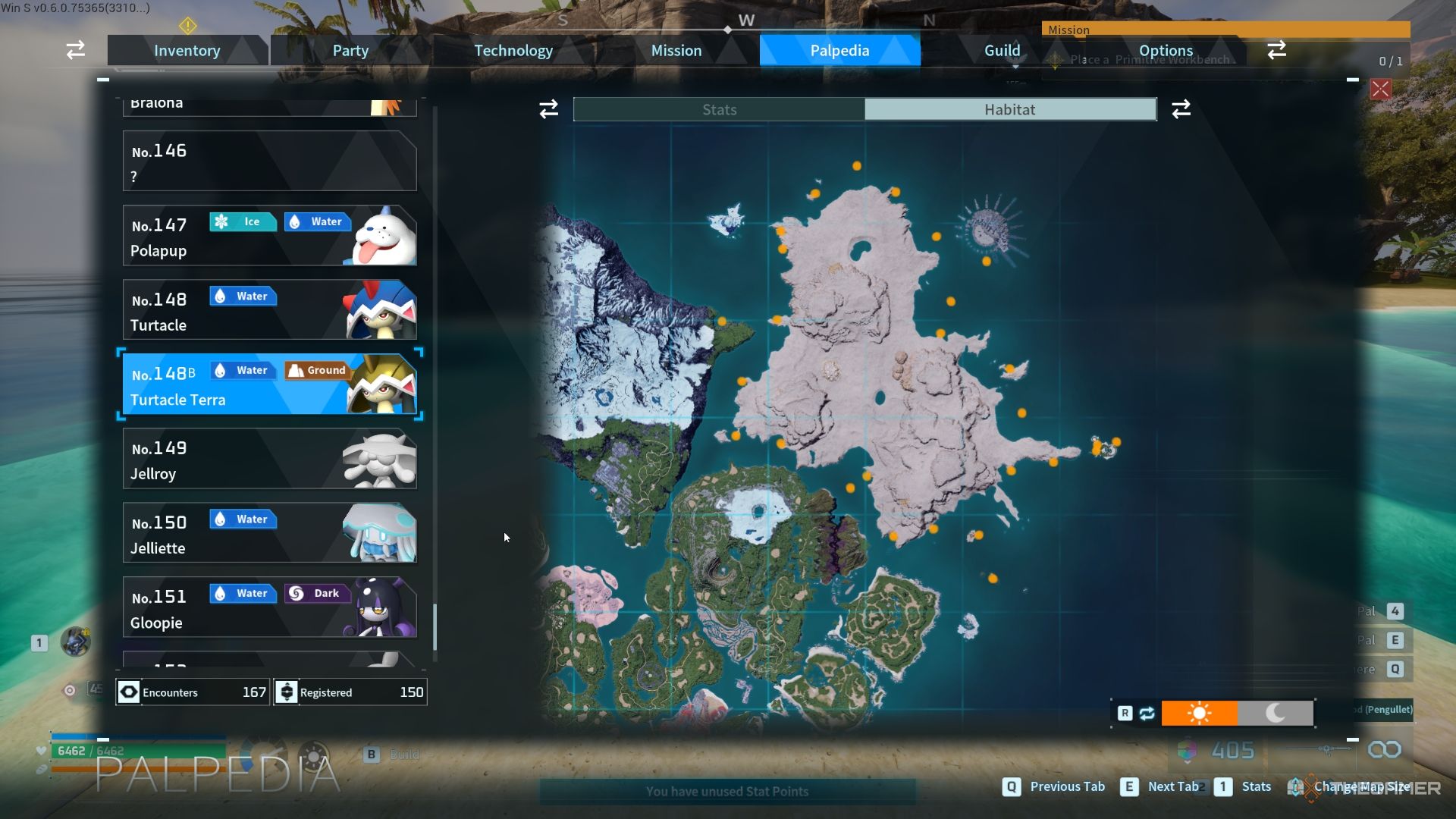 Map showing all the possible location with highlighted orange area for Turtacle Terra - Palworld