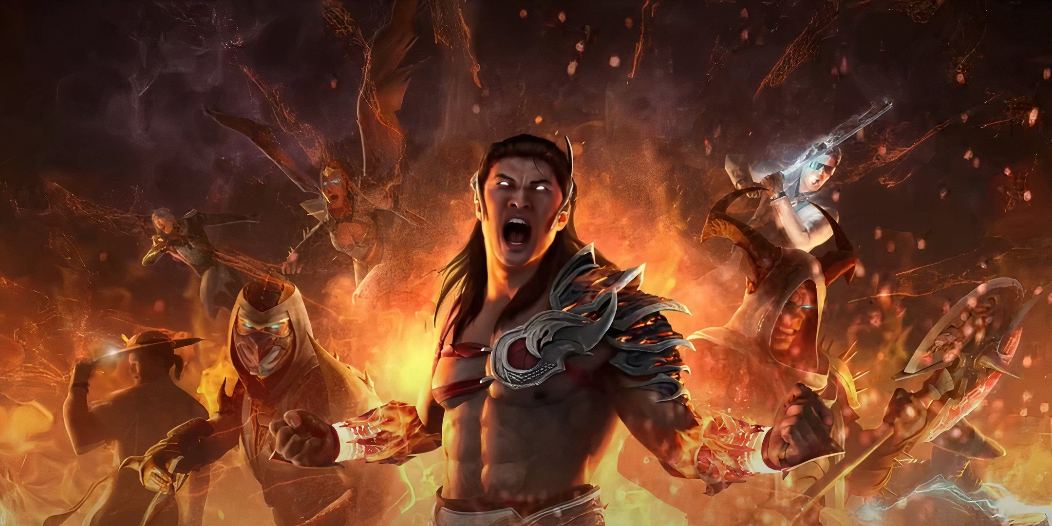 Crazy Titan Liu Kang Surrounded By His Fighters With Some Sort Of Fire Or Explosion Behind Him.