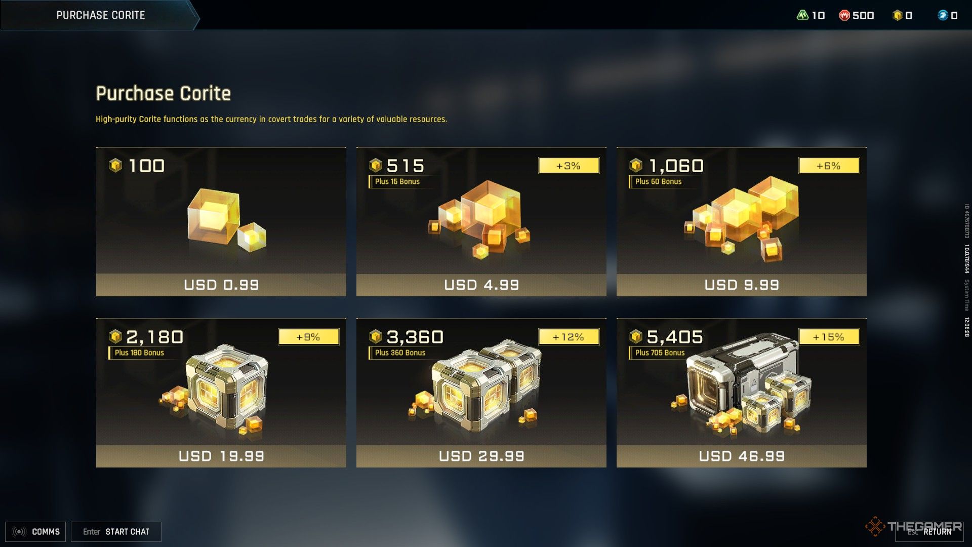 The Purchase Corite menu in Mecha Break.