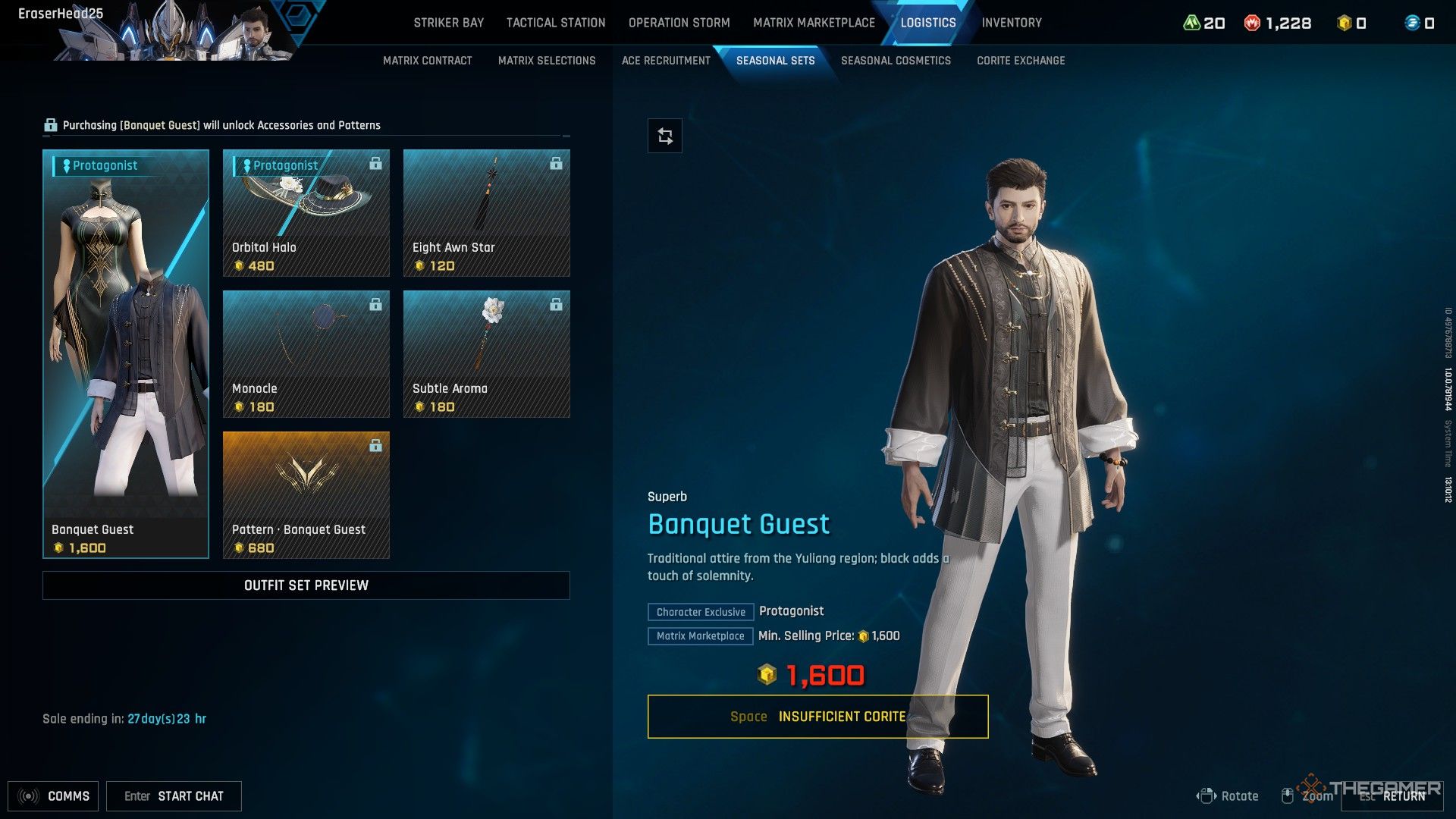 The Seasonal Sets menu in Mecha Break, showing the current season cosmetic items.