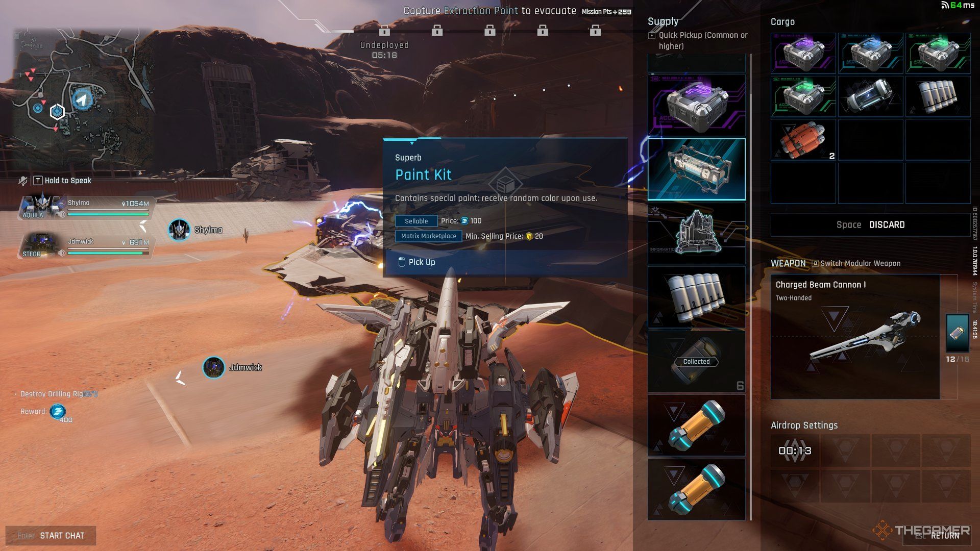 Player interacting with a downed enemy taking the paint kit in Mecha Break. There is a lable for the paint kit on top of the player with the inventory on the right. 