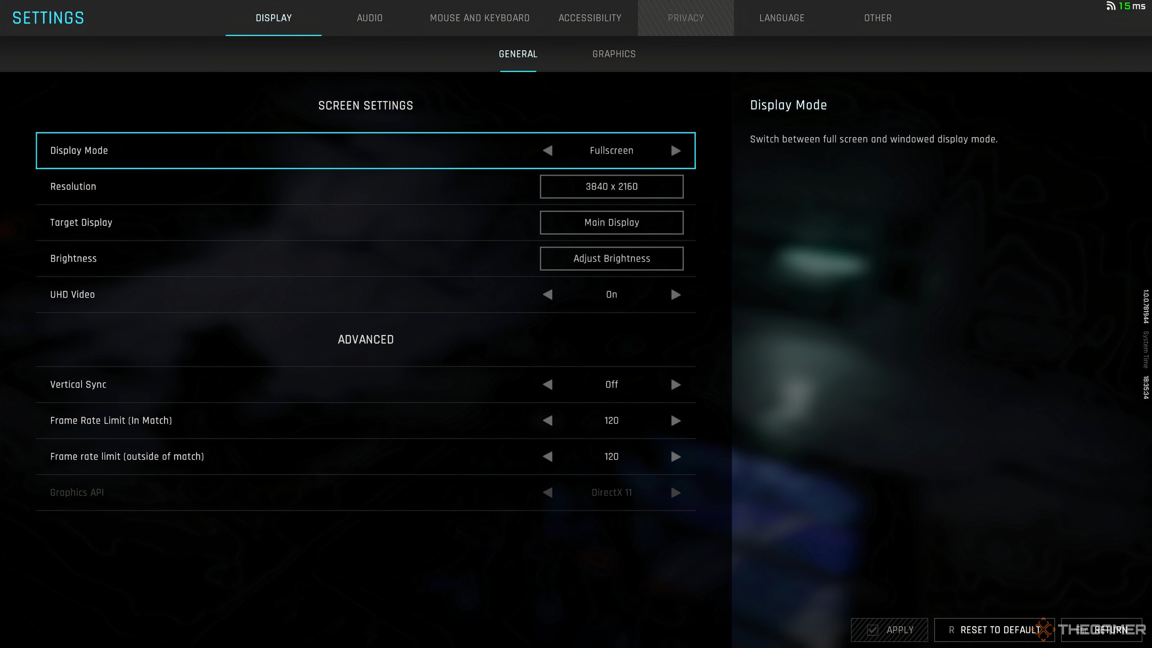 Mecha Break General tab under the Display settings tab.