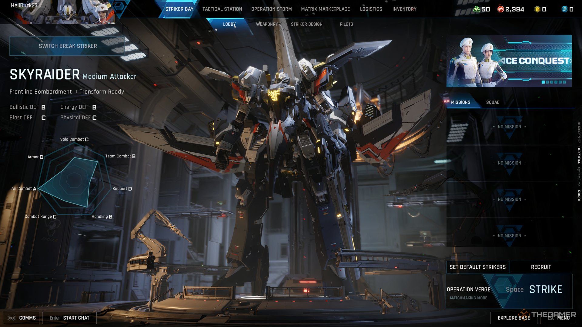 At the main lobby screen of Mecha Break with the Striker Bay tab selected. A Striker is in the middle. 
