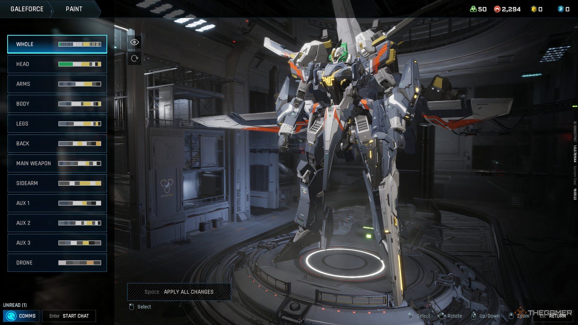 At design page in Mecha Break with all the options on the left. 