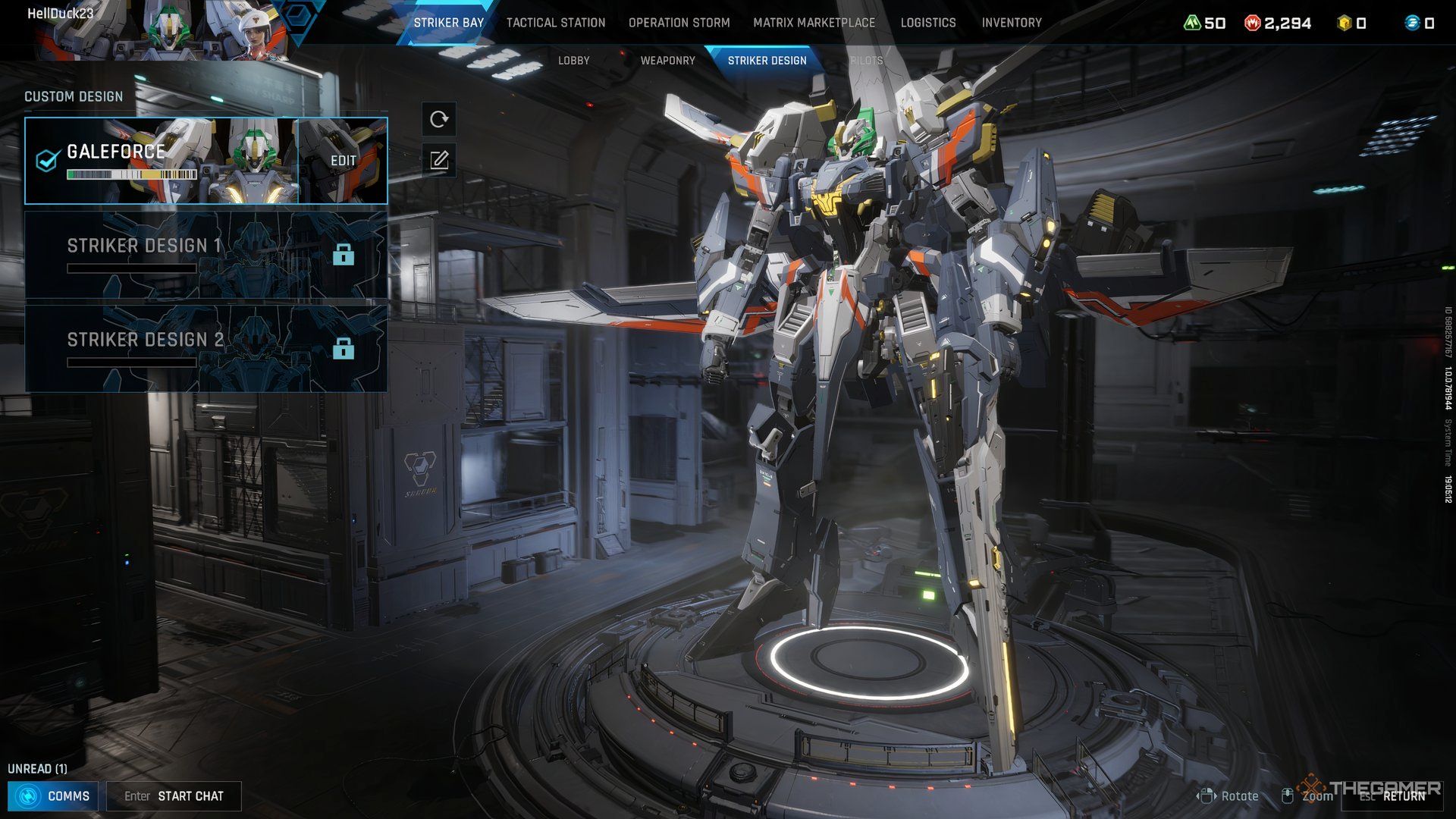 At the main lobby screen of Mecha Break with the Striker Design selected. 