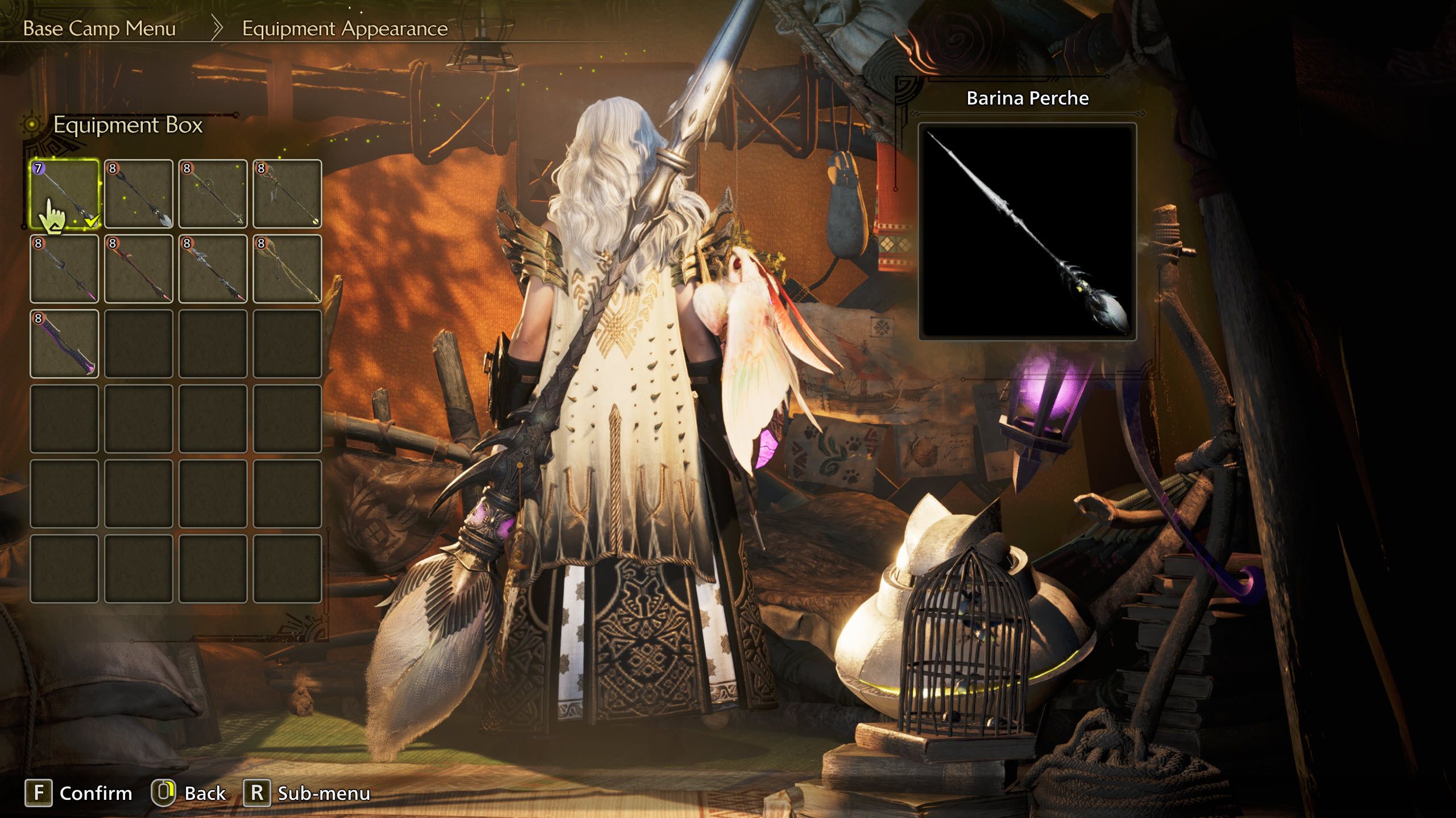 A hunter wielding an Insect Glaive in the Layered Weapon menu of Monster Hunter Wilds.