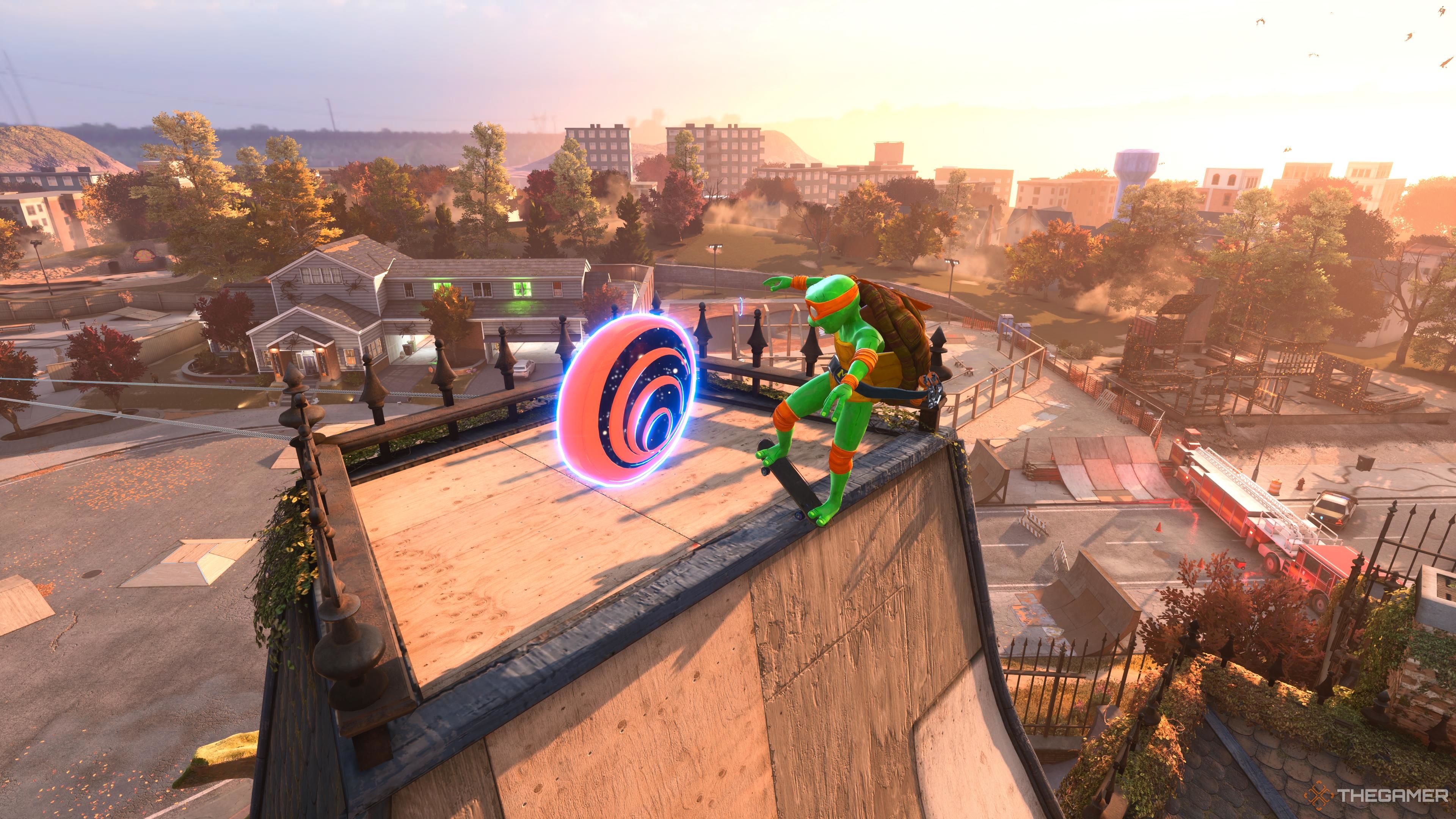 Michelangelo doing a lip trick in front of the Iron Galaxy Logo Tony Hawk's Pro Skater 3 + 4.