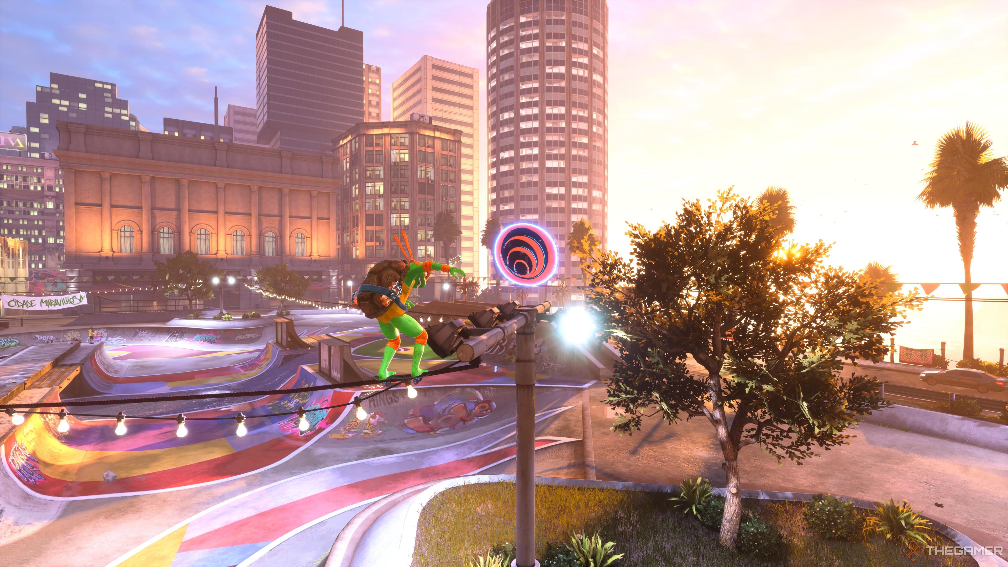 Michelangelo grinding a power line on the Rio stage to get the Iron Galaxy Logo Tony Hawk's Pro Skater 3 + 4.