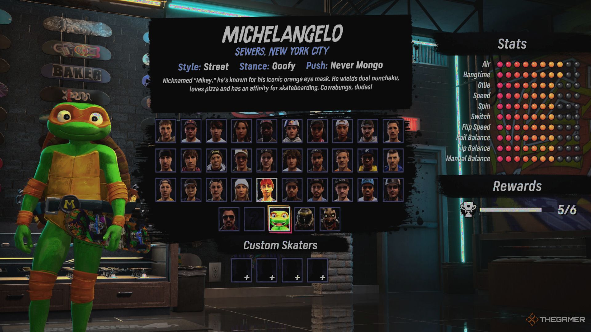 Michelangelo's stat screen in Tony Hawk's Pro Skater 3 + 4.
