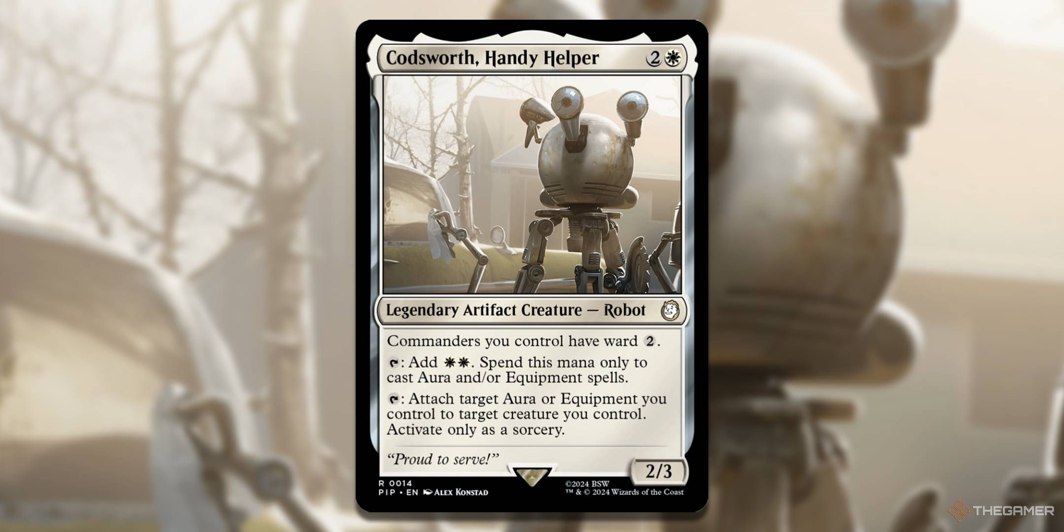 MTG Codsworth, Handy Helper card with the art in the background.