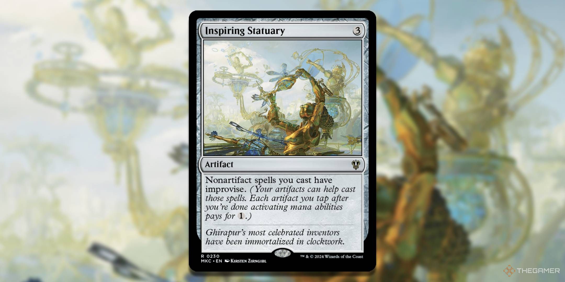 MTG Inspiring Statuary card with the art in the background.