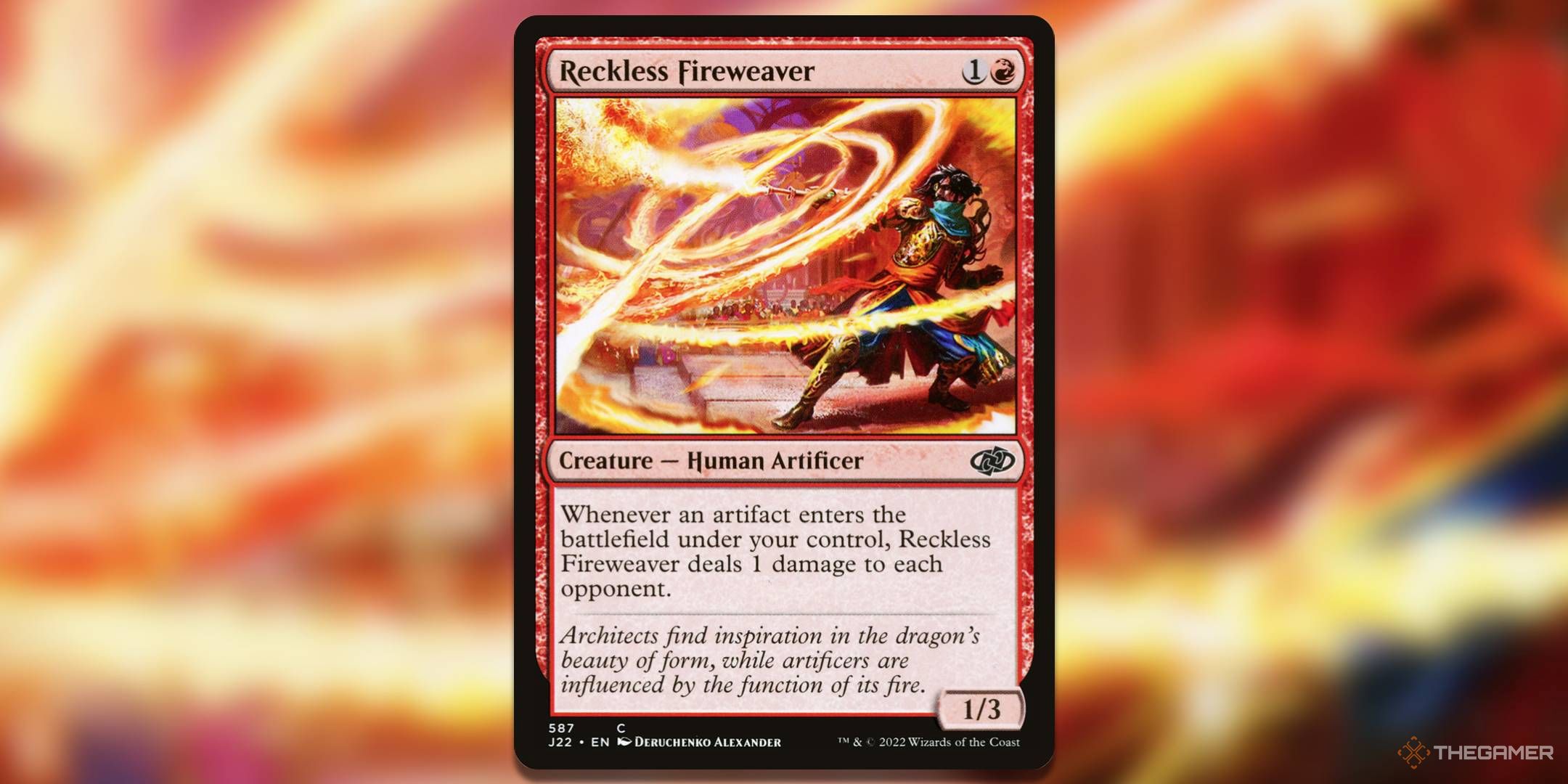 Image of Reckless Fireweaver card, from Magic: The Gathering's Jumpstart 2022.