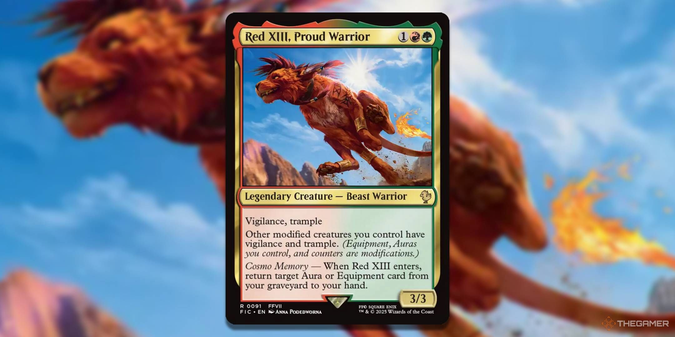 MTG Red XIII, Proud Warrior card with the art in the background.