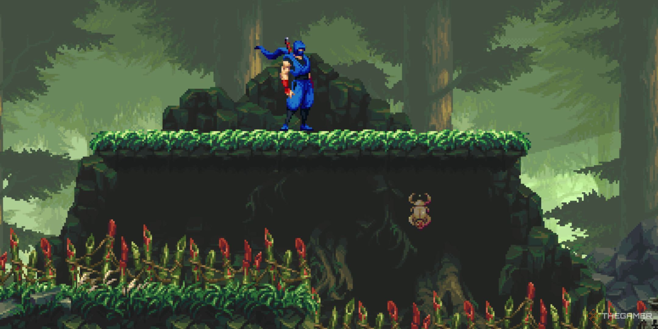 Kenji standing next to a Golden Scarab in Ninja Gaiden: Ragebound.