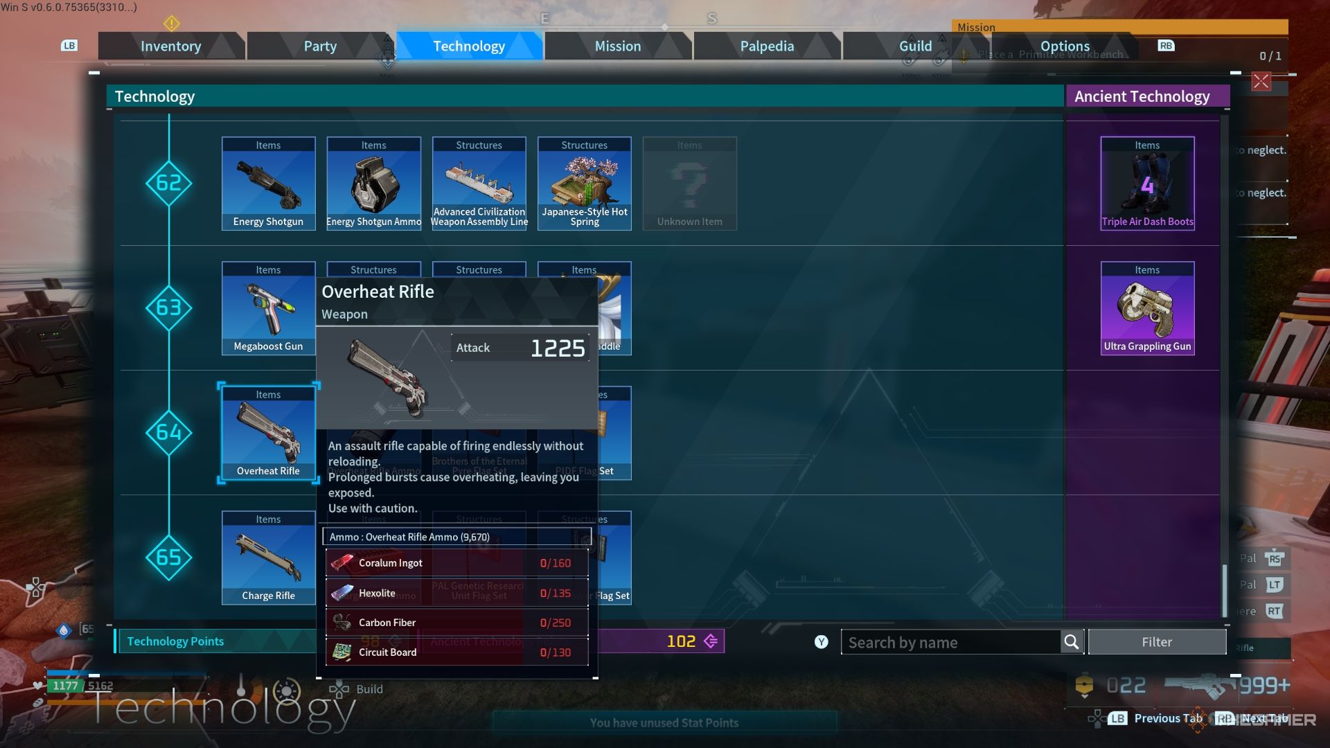 Overheat Rifle recipe in the technology menu - Palworld
