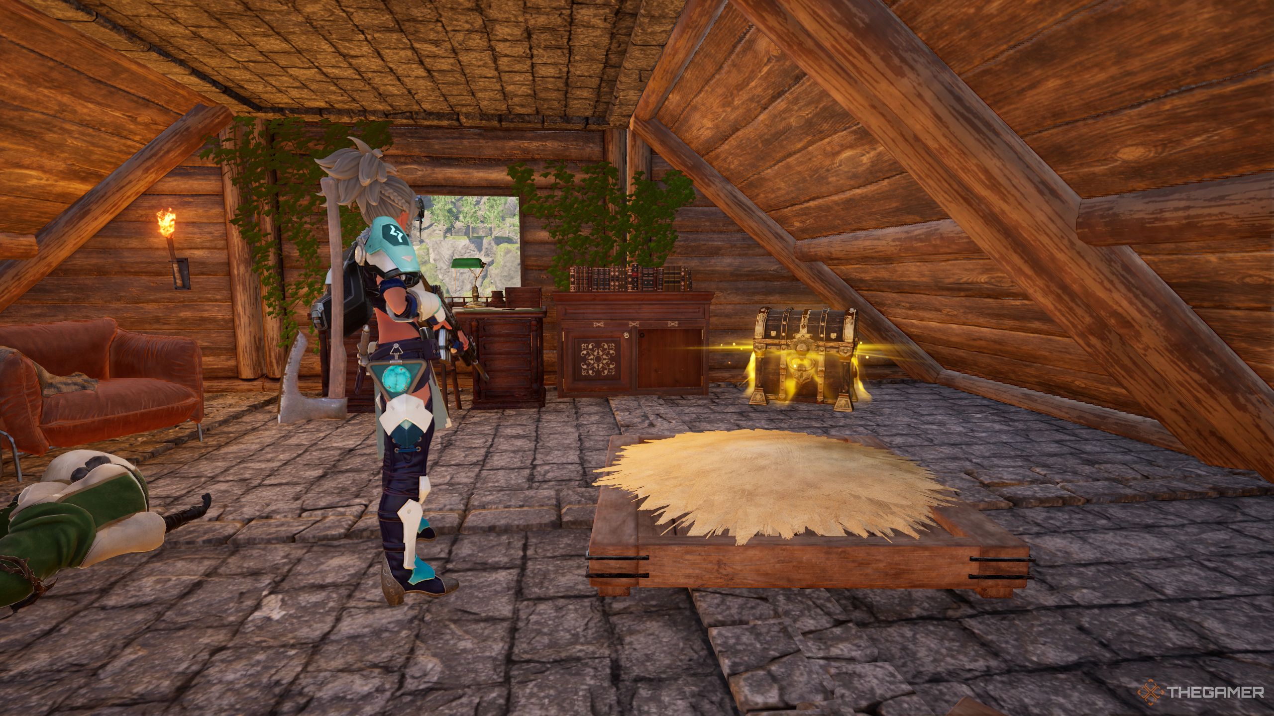 The Main Character looking at a Treasure Box inside an Enemy Base in Palworld.