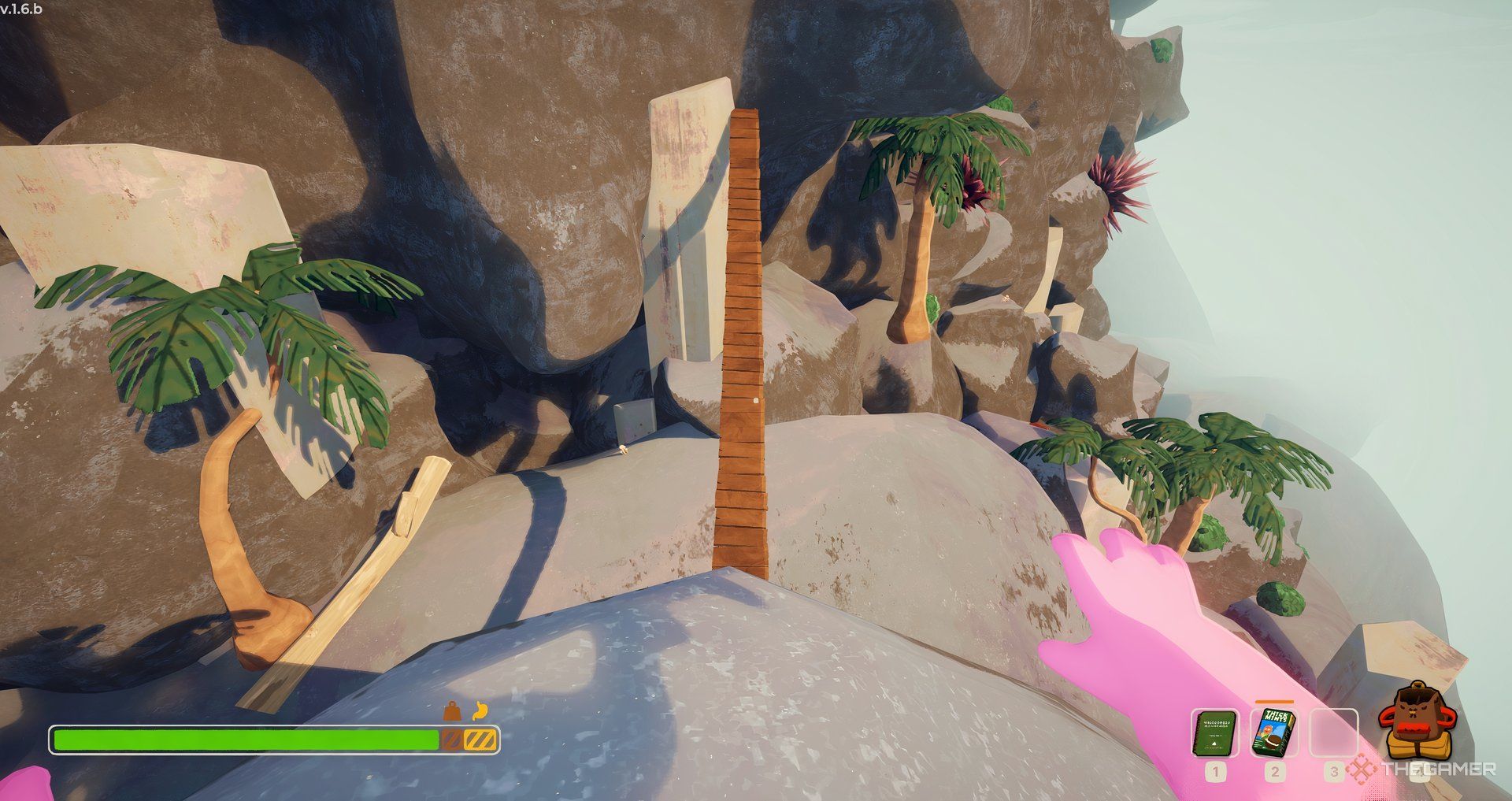 Player looking at bridge between two rocks in Peak. The players pink arms are sticking out in front. 