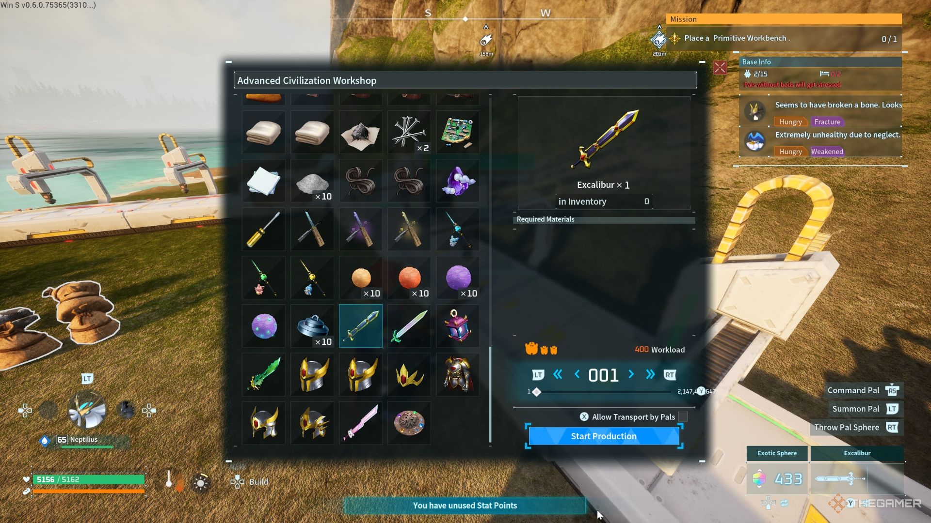 Player about to craft Excalibur - Palworld