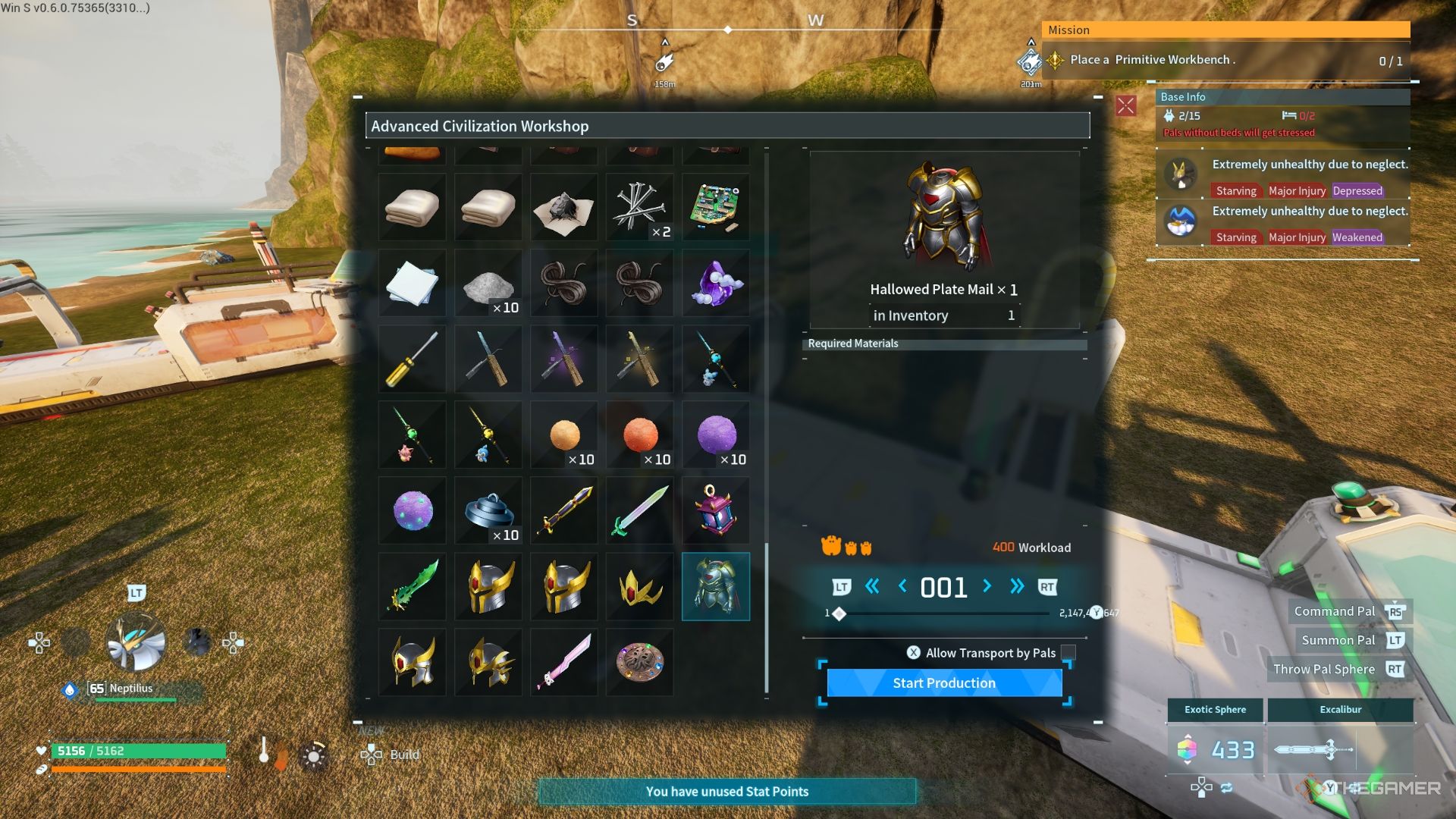 Player about to craft the Hallowed Plate Mail armor - Palworld