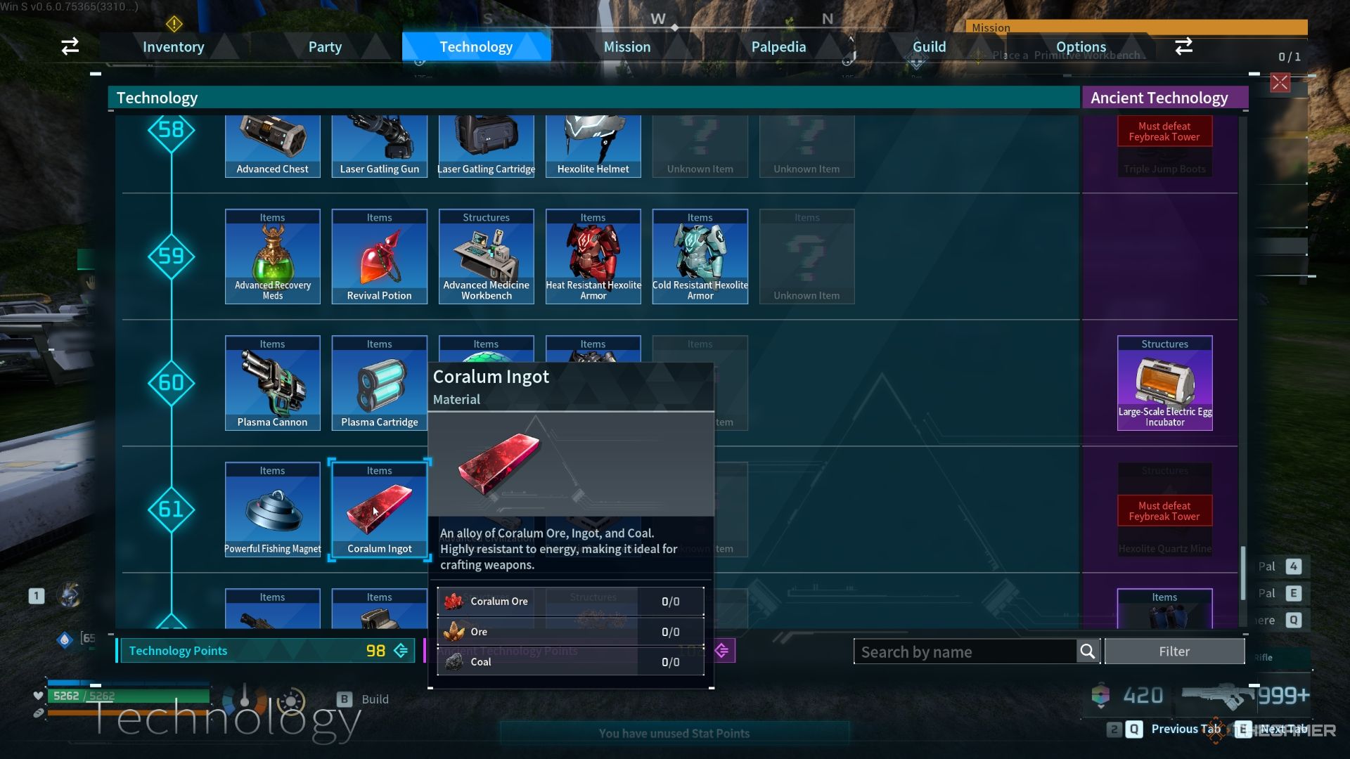 Player about to unlock the recipe for Coralum Ingots - Palworld