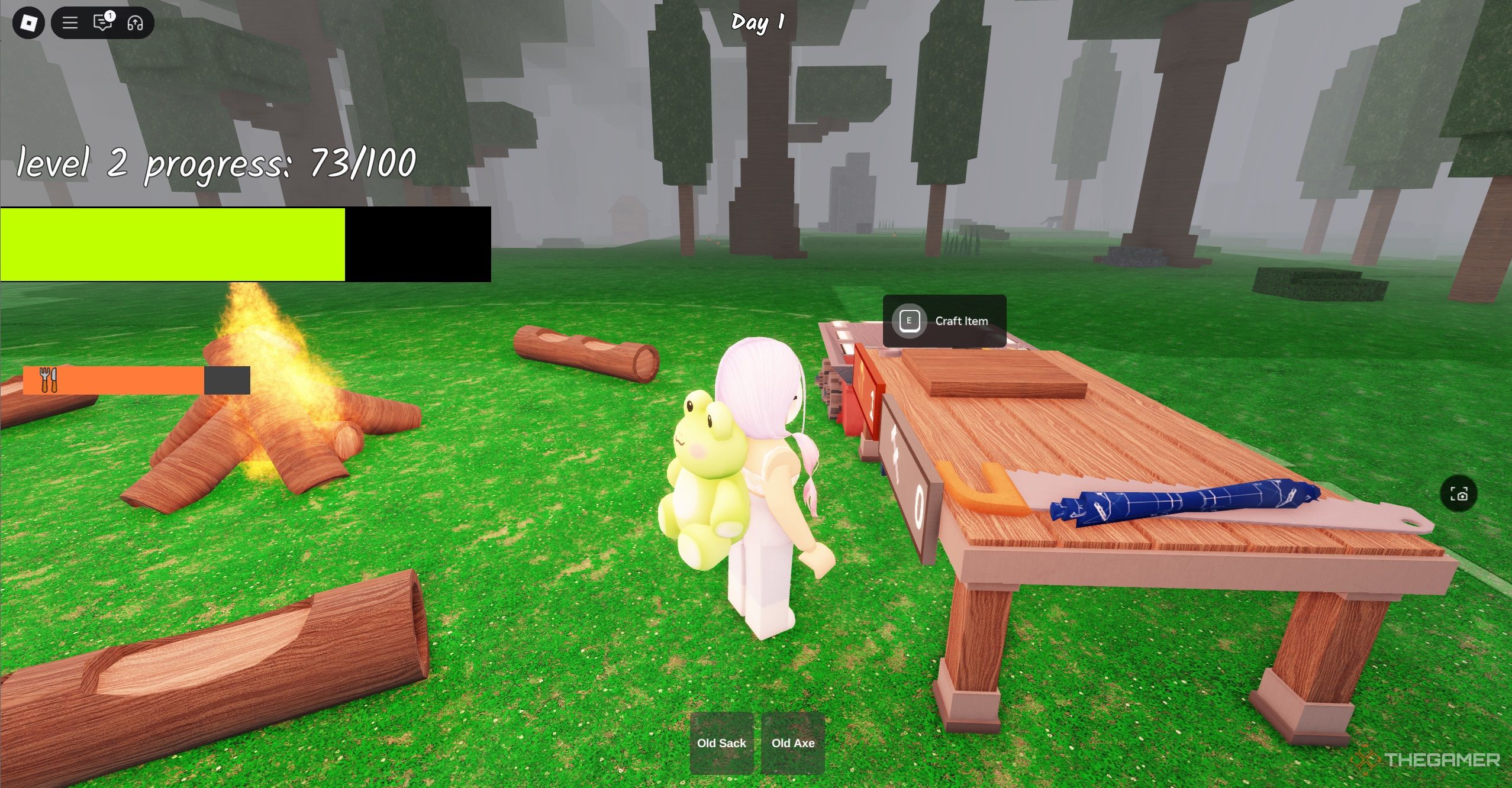 Player looking at the crafting table in Roblox 99 Days in the Forest.