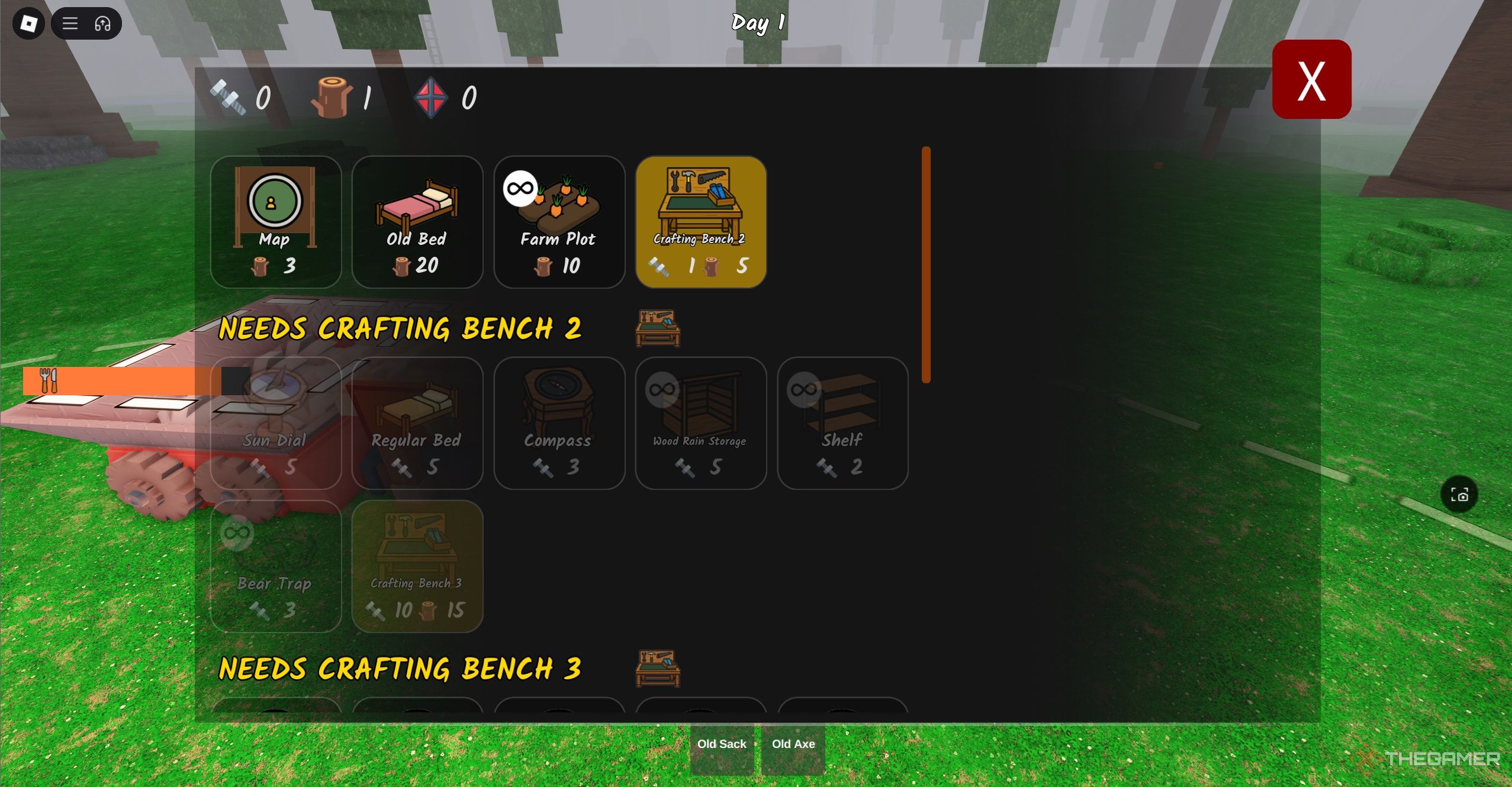Player looking in the crafting menu in Roblox 99 Days in the Forest.