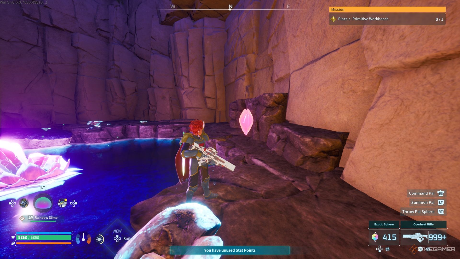 Player standing in front of a heart crystal - Palworld