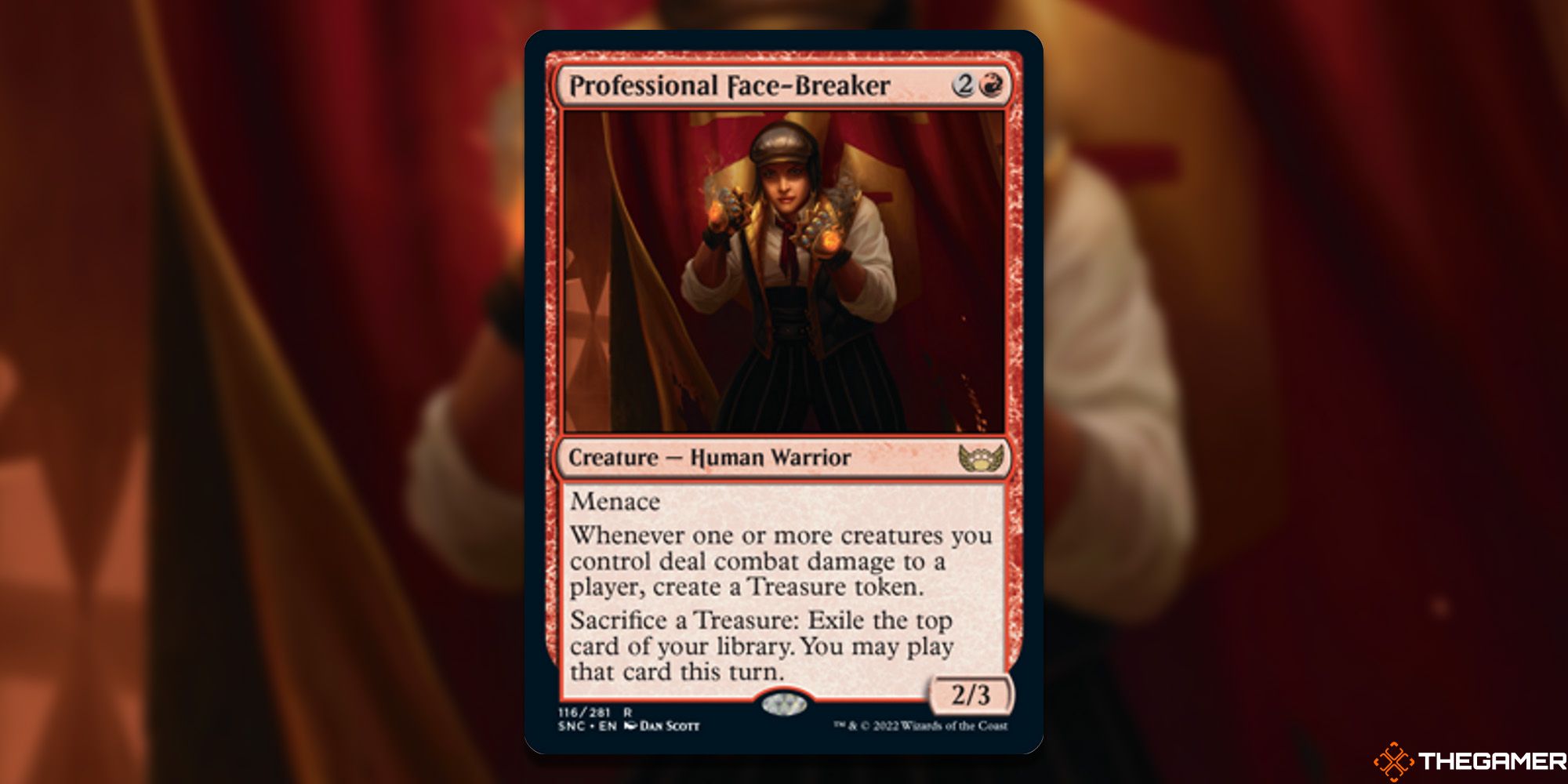 A mafia-style enforcer dressed in 1920's style attire holds a tight boxing stance, wields gilded brass knuckles, and a coy smile.