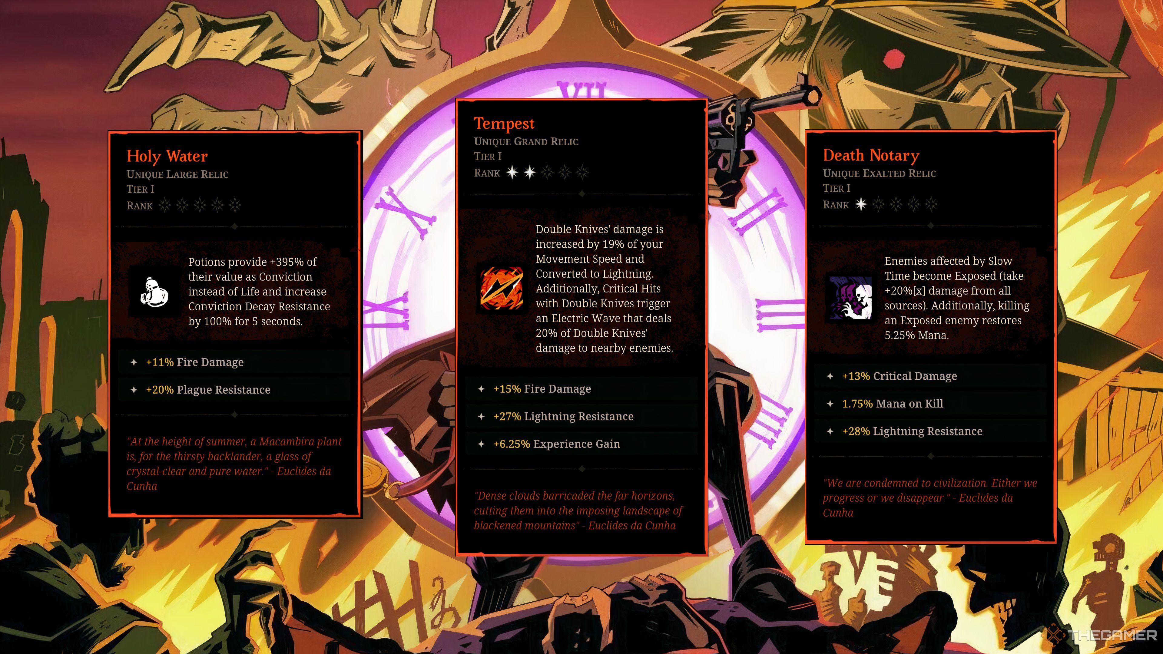 S Tier Relics Death Notary, Tempest, Holy Water in Hell Clock.
