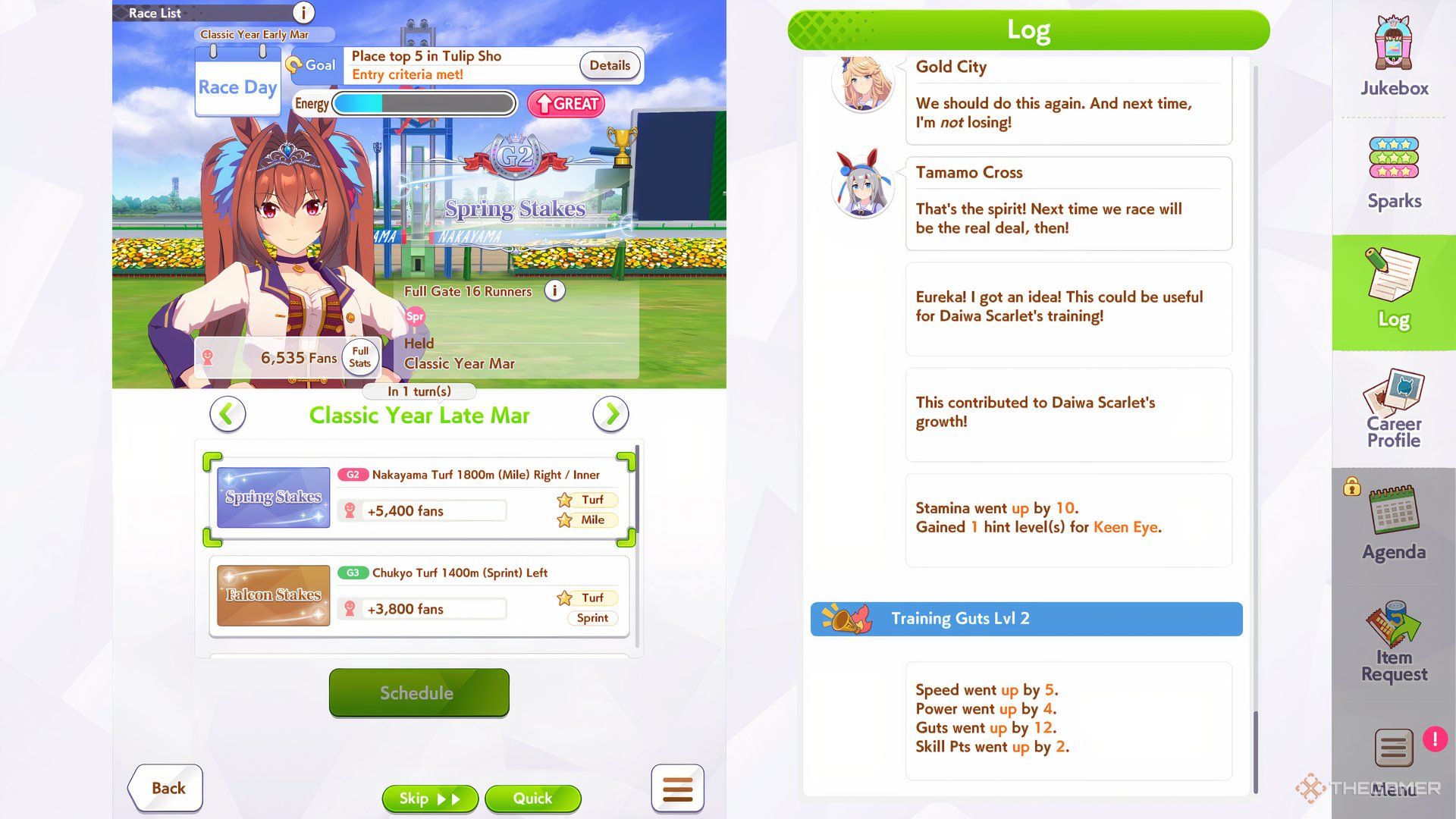 Spring Stakes in Daiwa's scarlet race menu is shown in Umamusume: Pretty Derby.