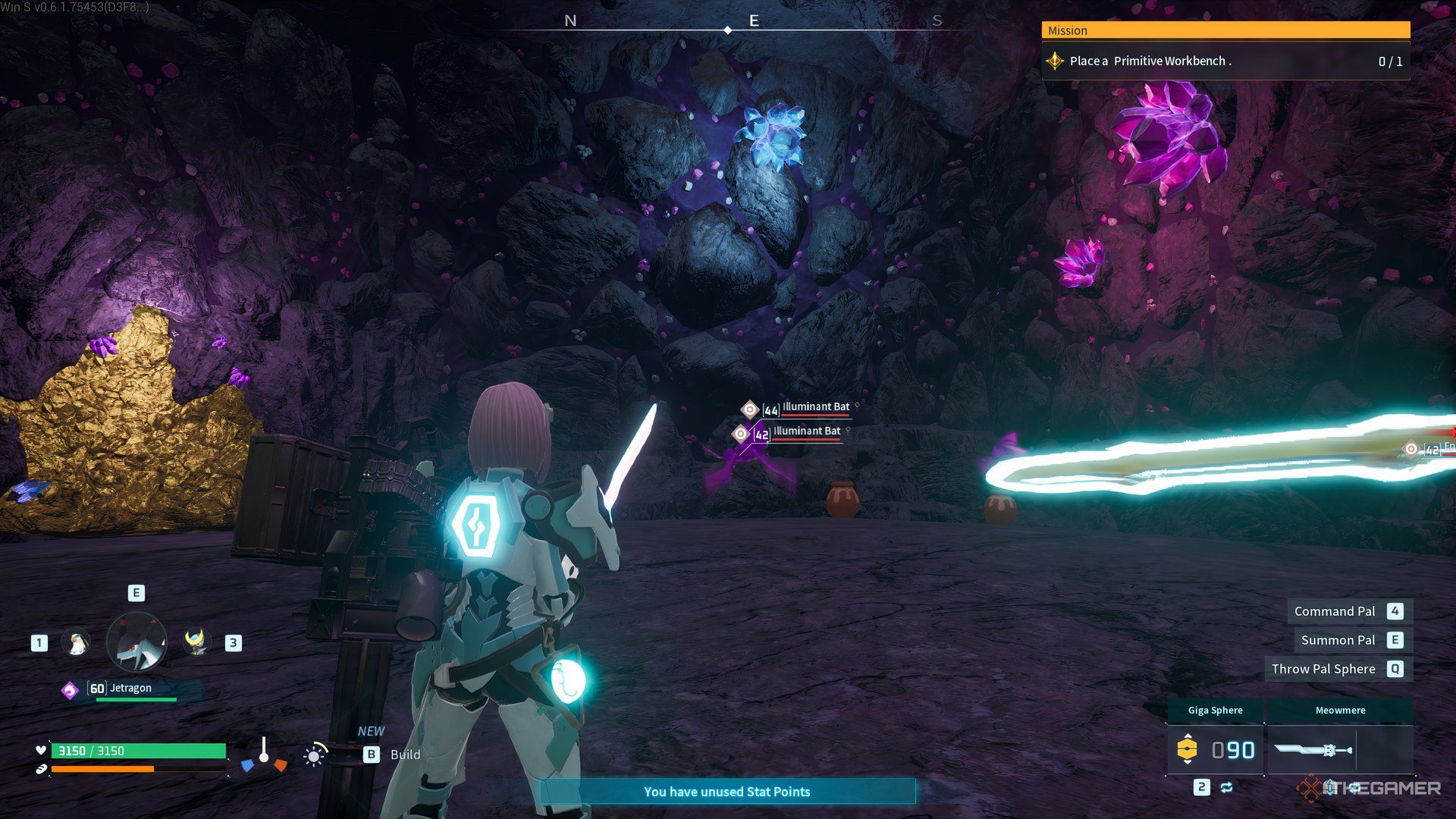 The player is standing in front of two Illuminant Bats in Palworld.
