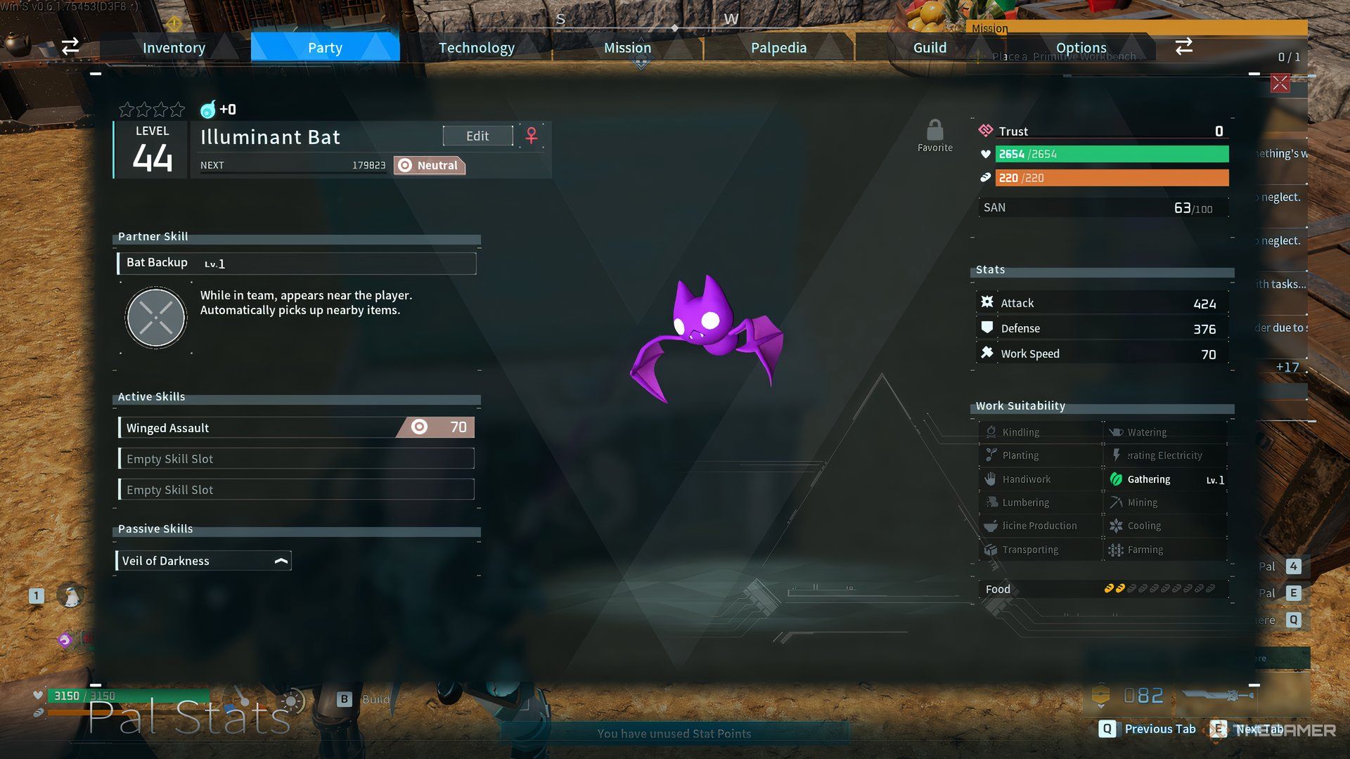 The Illuminant Bat's stats are shown in Palworld.
