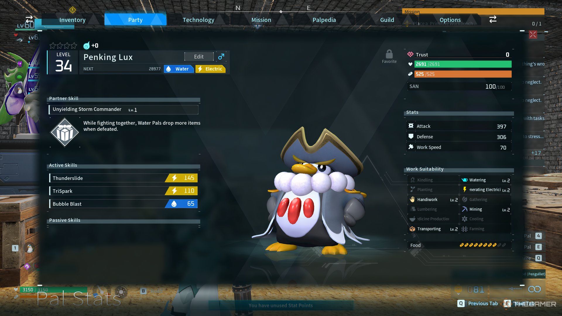 Penking Lux stats are shown in Palworld.