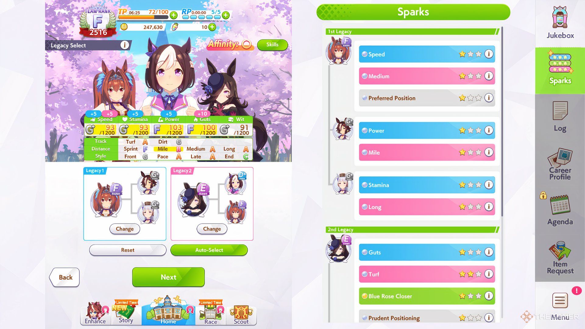 A menu showing that the player has selected two legacies in Umamusume: Pretty Derby.