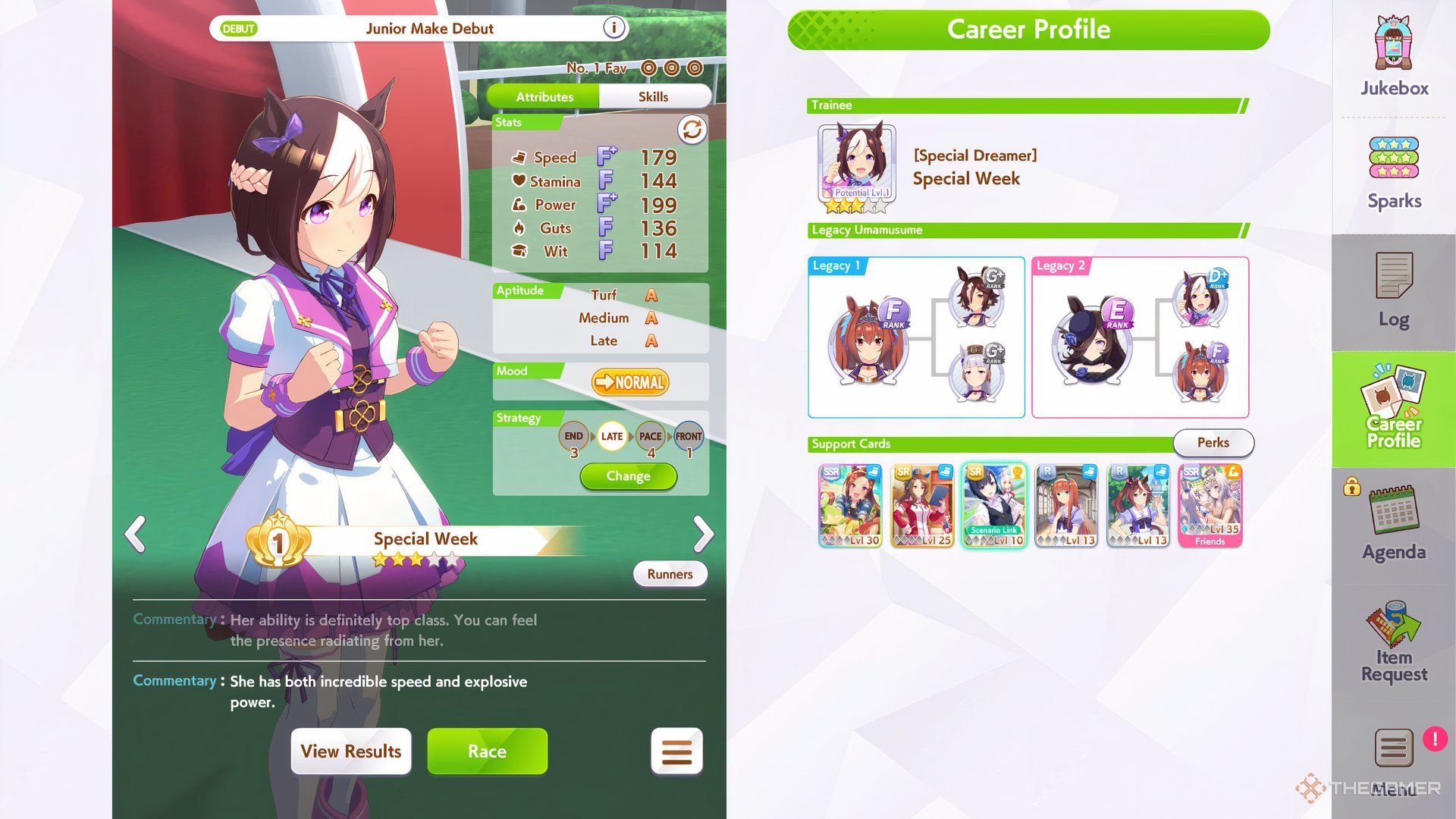 A menu showing the Aptitudes before a race in Umamusume: Pretty Derby.