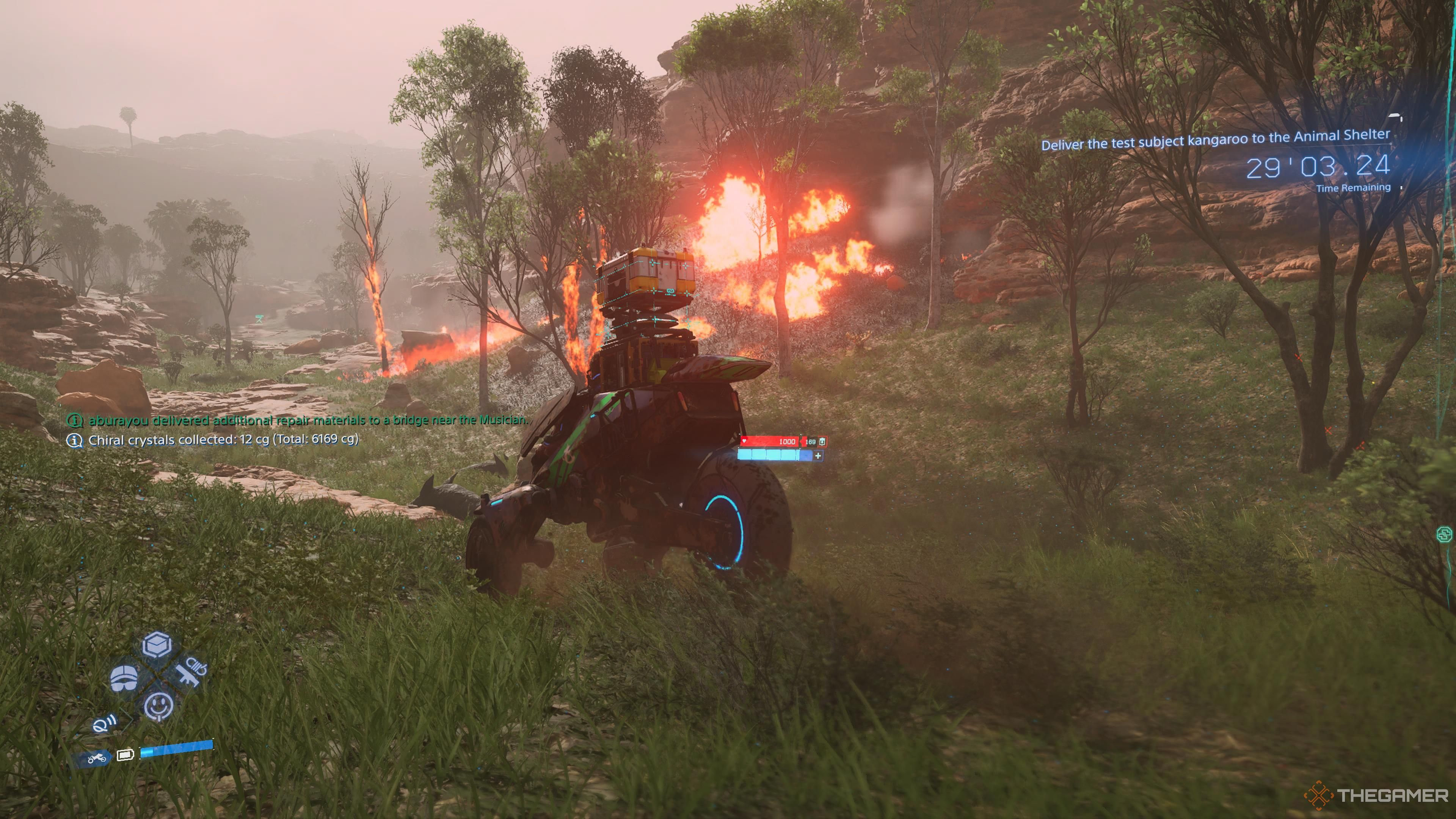 Sam saving a kangaroo in the middle of a bushfire in death stranding 2 on the beach.
