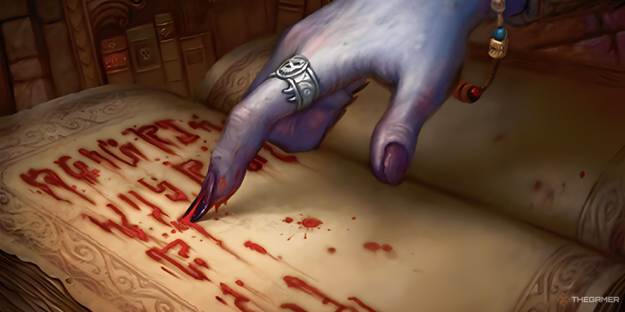 A diseased-looking hand signs a book in its own blood.