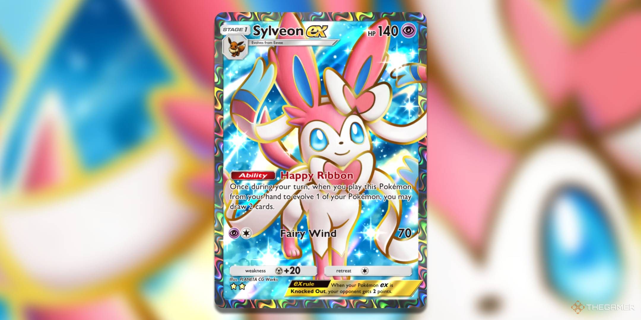The Super Rare print of Sylveon ex, from Pokemon TCG Pocket's Eevee Grove expansion.