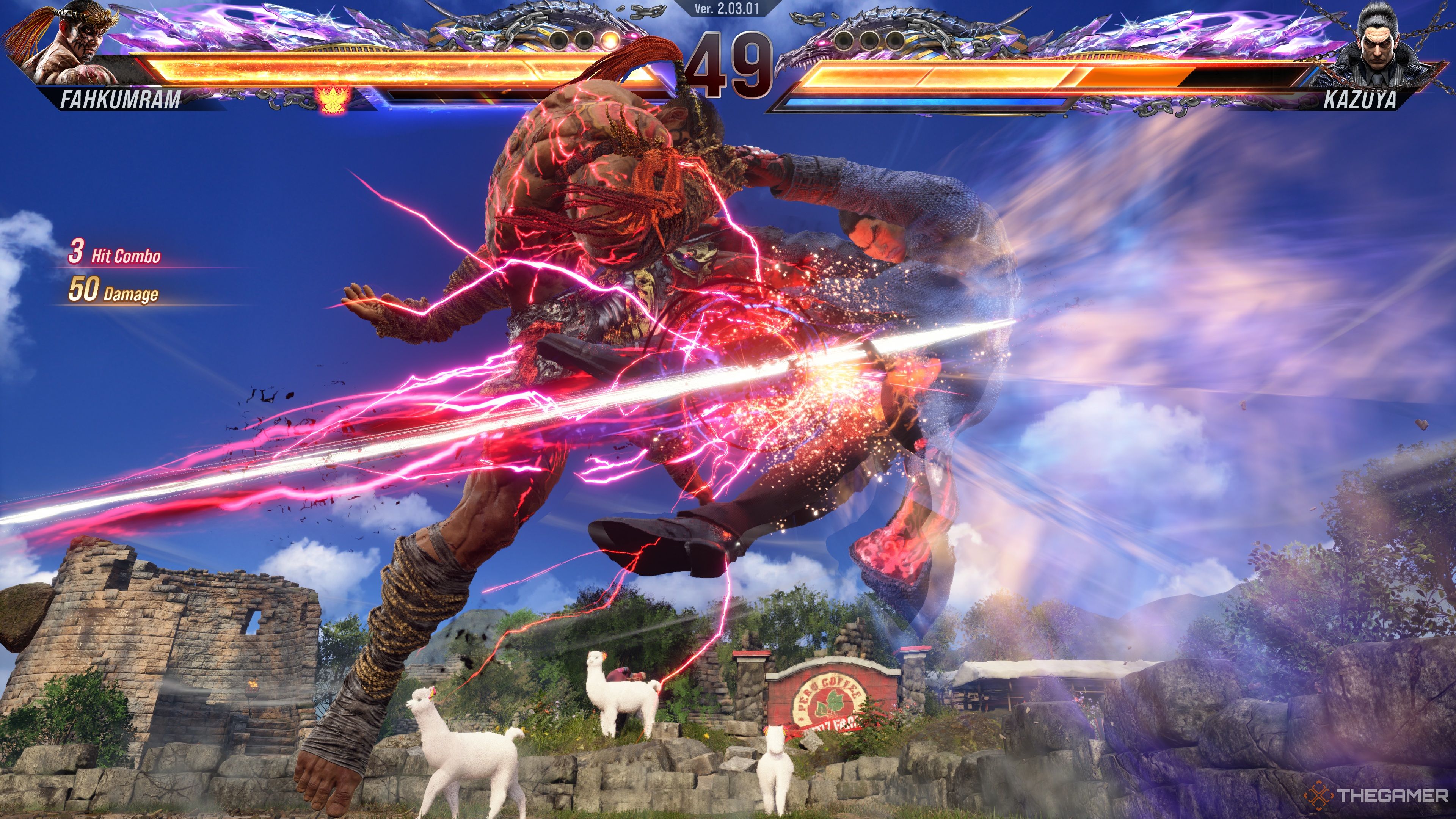 Fahkumram delivering a devastating knee onto Kazuya via his Hanuman Impact Heat Smash in Tekken 8.