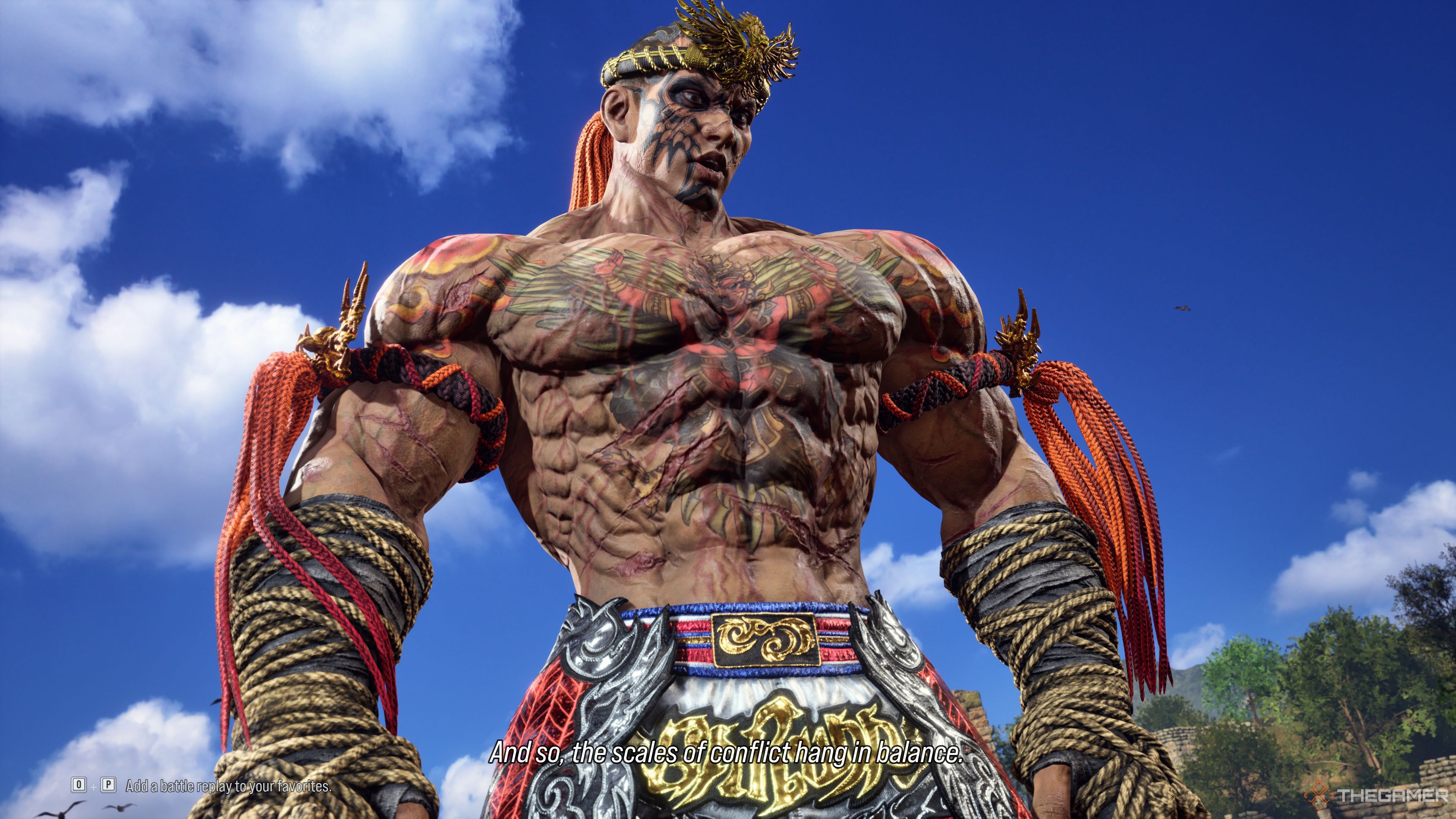 Fahkumram standing tall over his opponent after securing a victory in Tekken 8, saying 'And so, the scales of conflict hang in balance.'