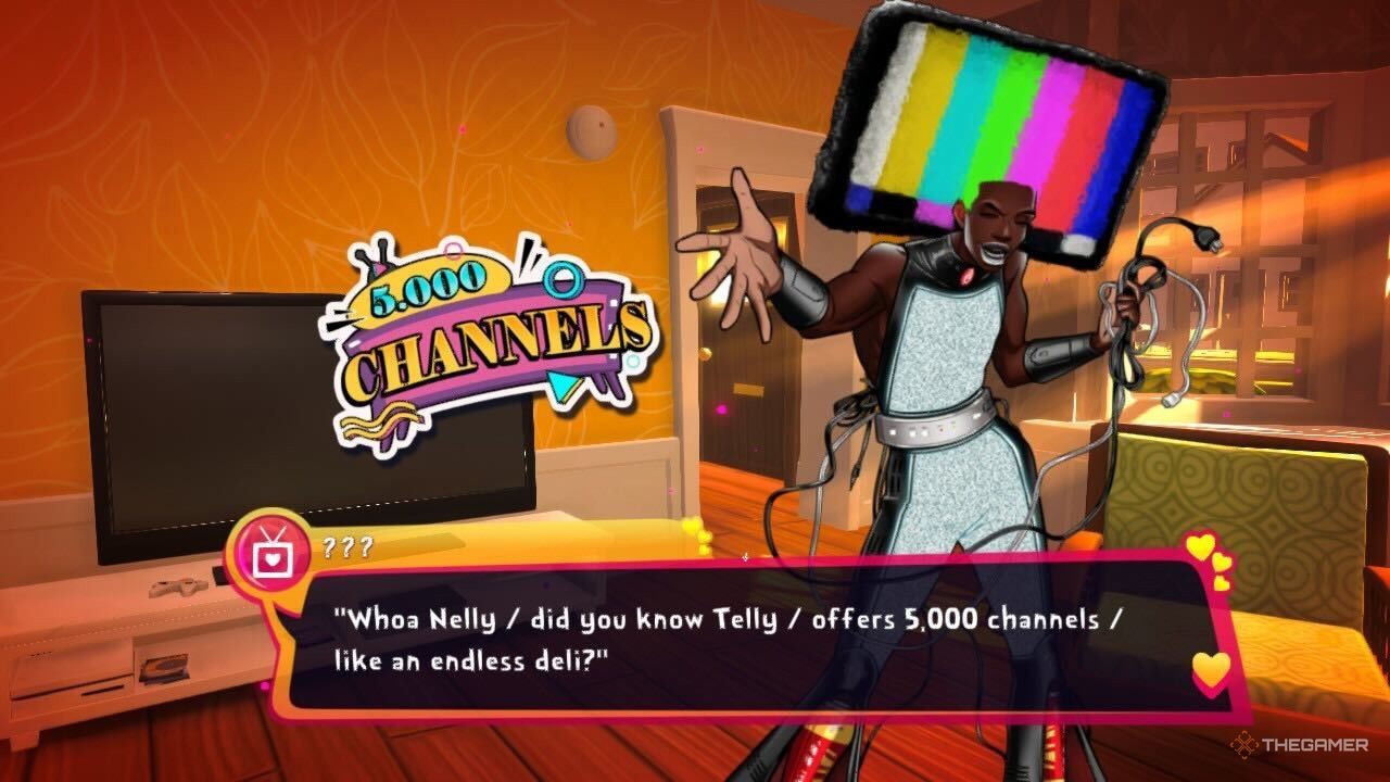 Telly introducing themselves in the living room in Date Everything!