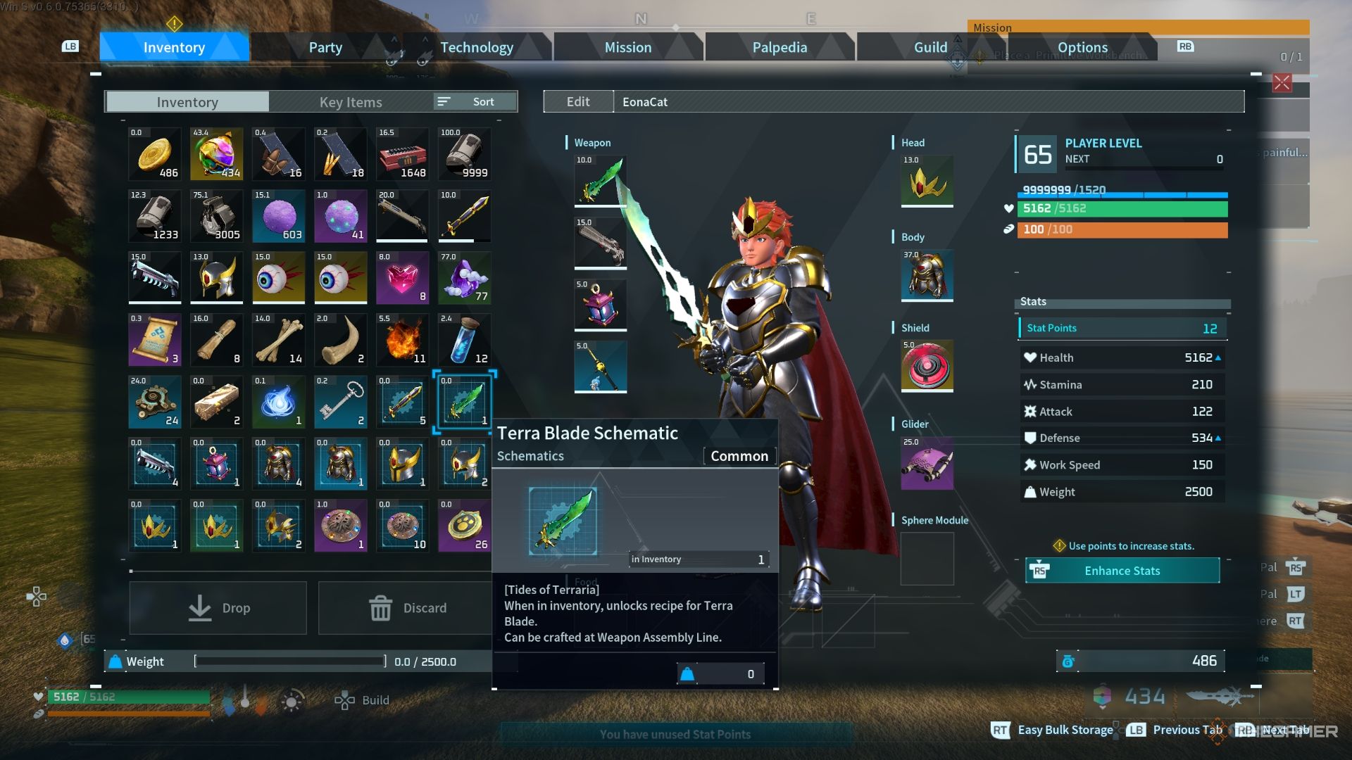 Terra Blade Schematic inside the player inventory - Palworld